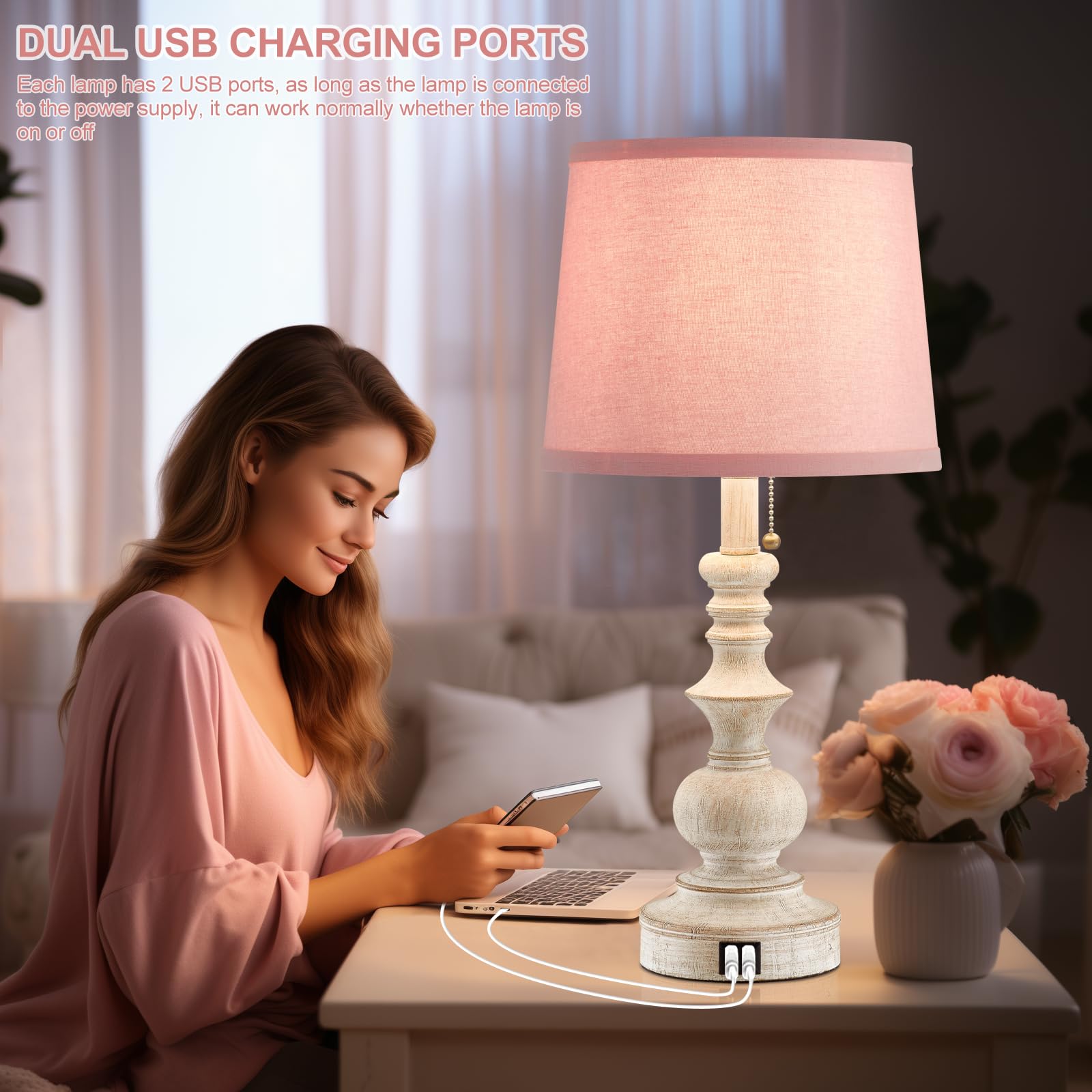 Drawealth 22'' Bedside Table Lamps Set Of 2 Modern Farmhouse Nightstand Lamps For Bedroom With Usb Charging Ports Vintage Boho T