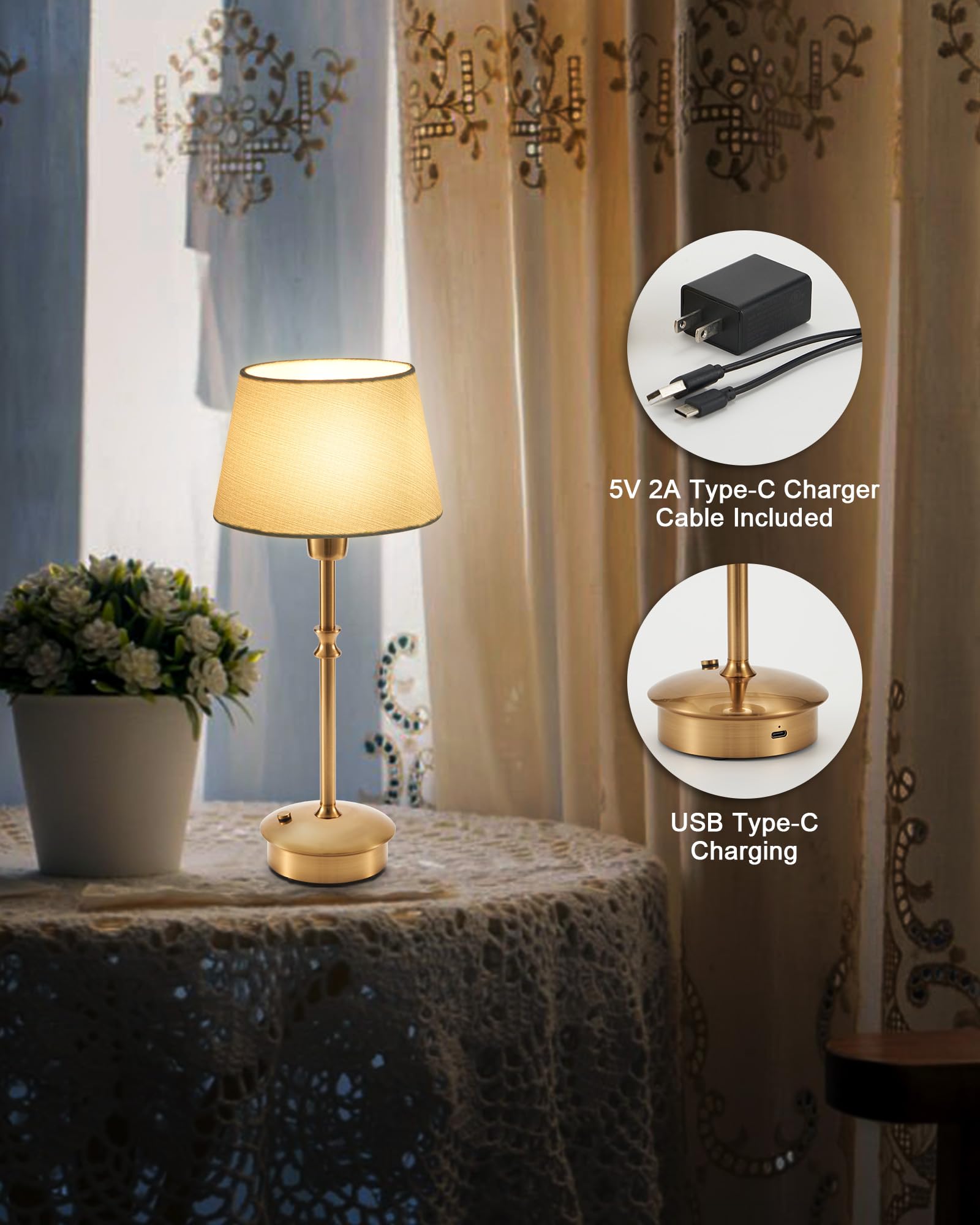 Umexus Cordless Lamp Rechargeable Table Lamps, 5000Mah Battery Operated Lights, 3 Level Brightness Dimmable, Portable Night Bedside Light For Patio, Restaurant, Dining, Fabric Shade, Antique Brass