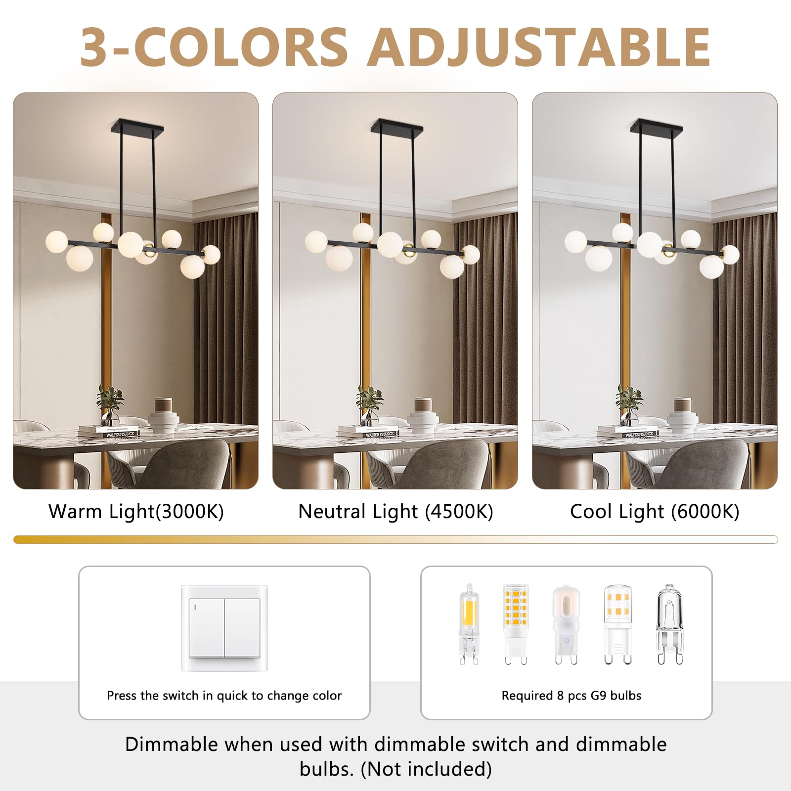 Jonsi Mid Century 8-Light Globe Glass Chandelier - Adjustable Black & Gold Fixture for Dining Room, Kitchen Island, Model 8P-6170