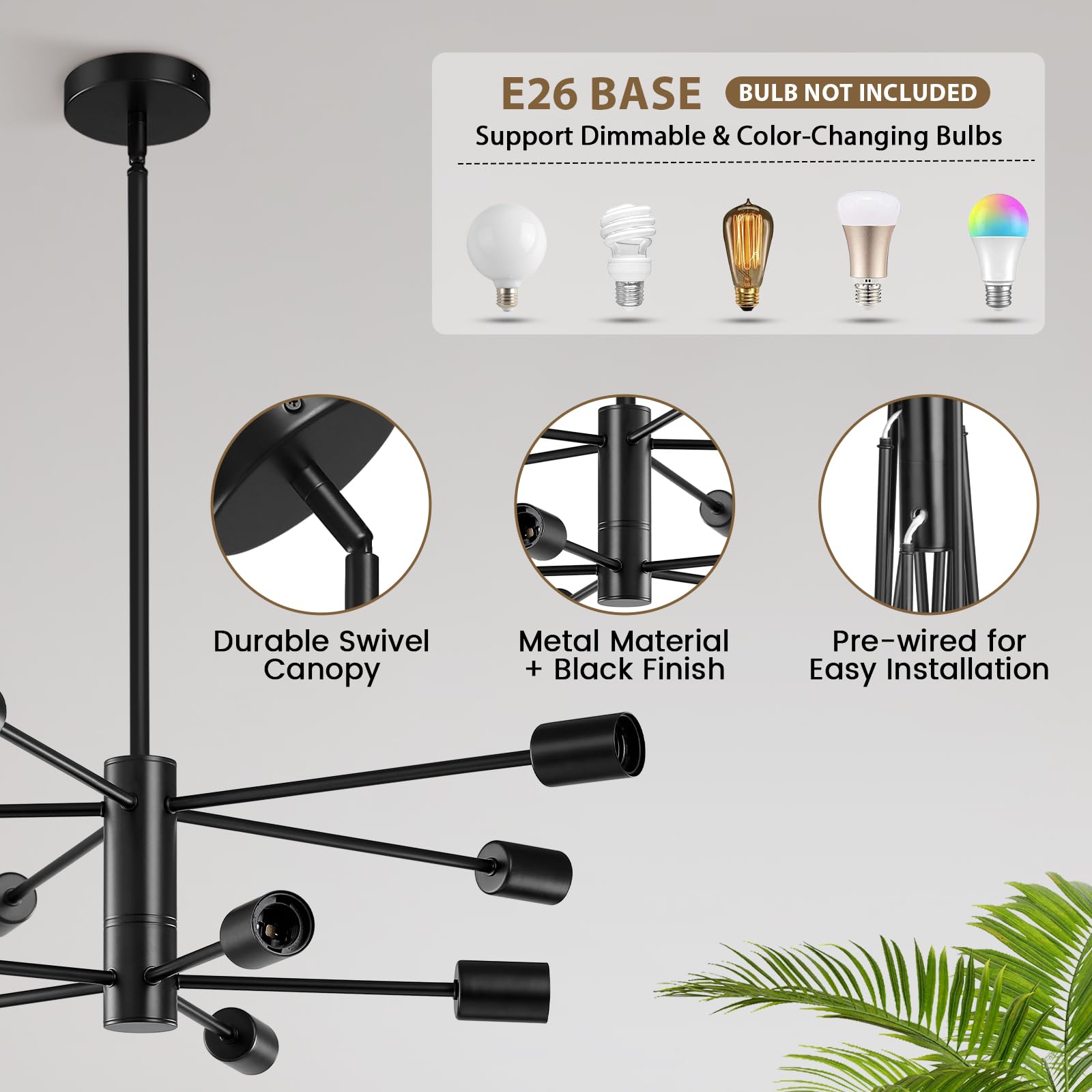 Kaisite Modern Chandelier Ceiling Light Fixture Sputnik Chandelier 10-Light Black Chandelier For Dining Room Over Table Height A