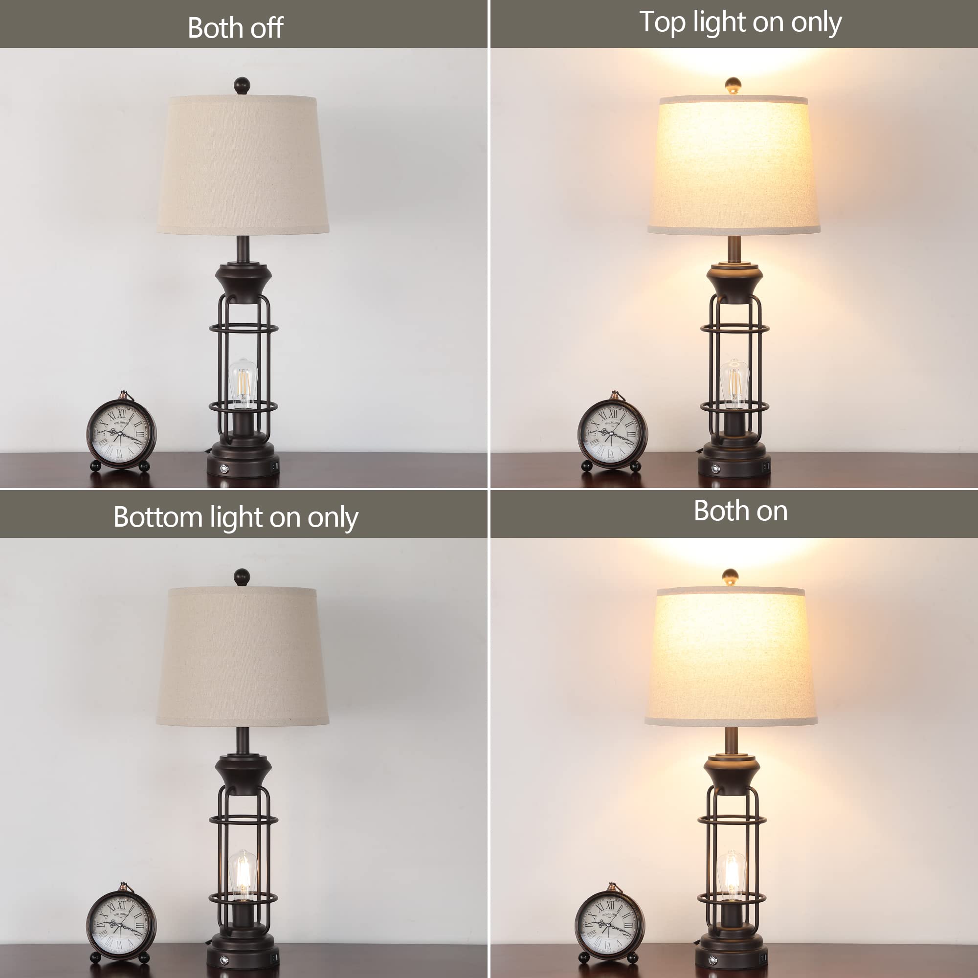 Table Lamp For Living Roon Set Of 2, 29.3" Tall Farmhouse Table Lamp With 2 Nightlight Bulbs, Oil Rubbed Bronze Bedside Lamp With White Oatmeal Lampshade For Living Room Bedroom, Bulbs Included