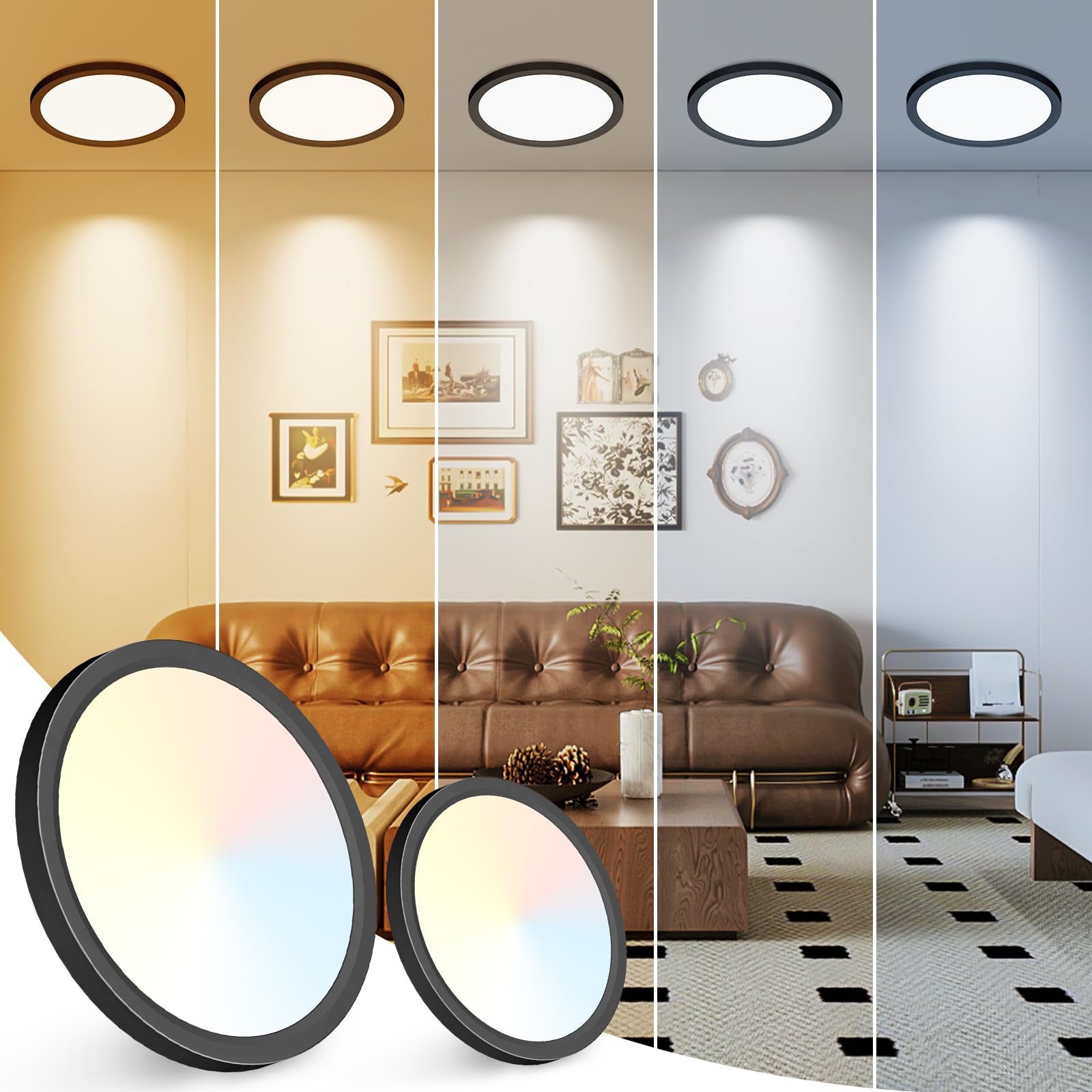 Peasur 7 Inch LED Ceiling Light, Adjustable 3000K-6500K, 1500LM, Black, 2 Pack, Model CL61A-2-BK