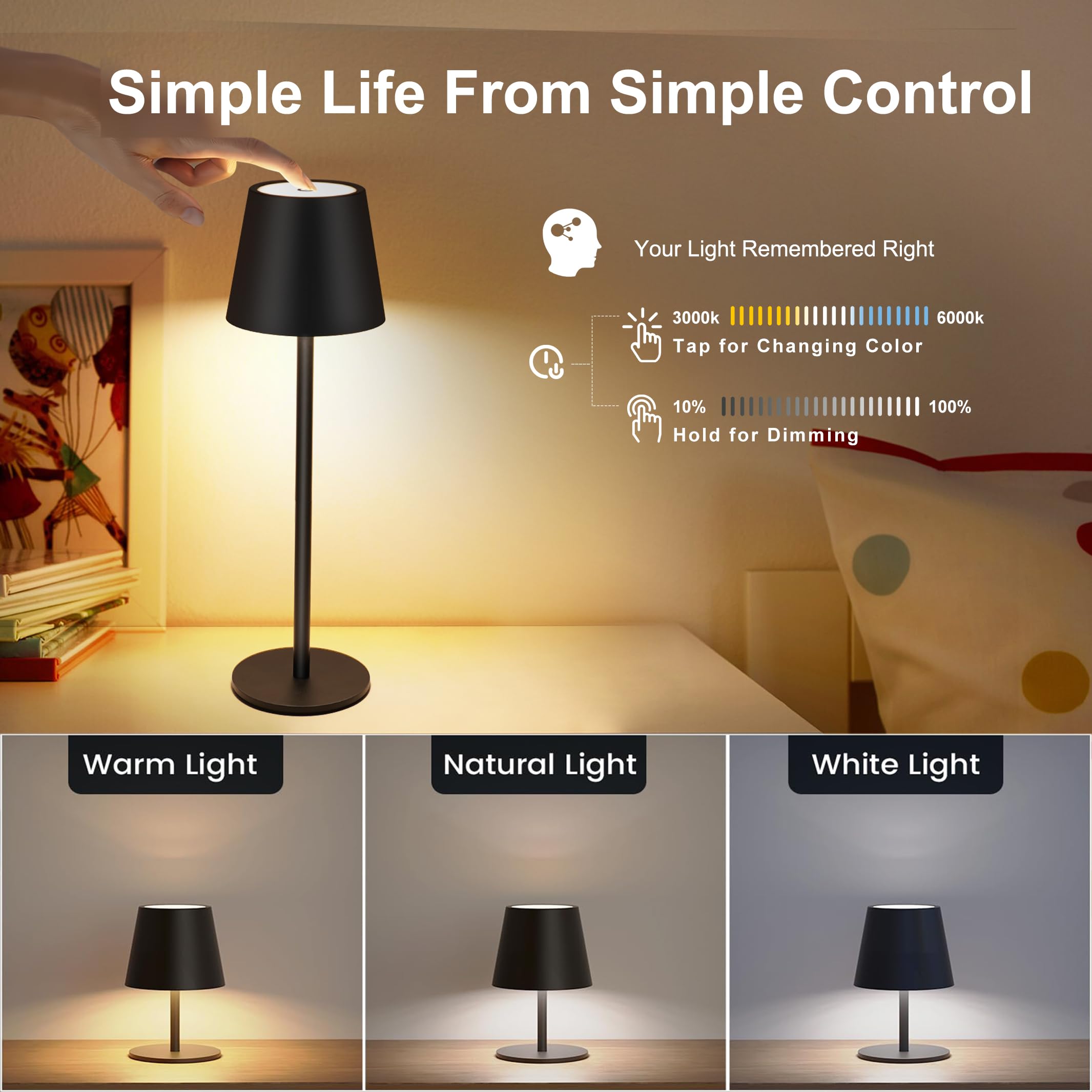 Seyxicnor 2-Pack Cordless Metal Table Lamp, 3 Adjustable Heights, 5400Mah Rechargeable Battery, 3 Colors Touch Dimming, Waterpro