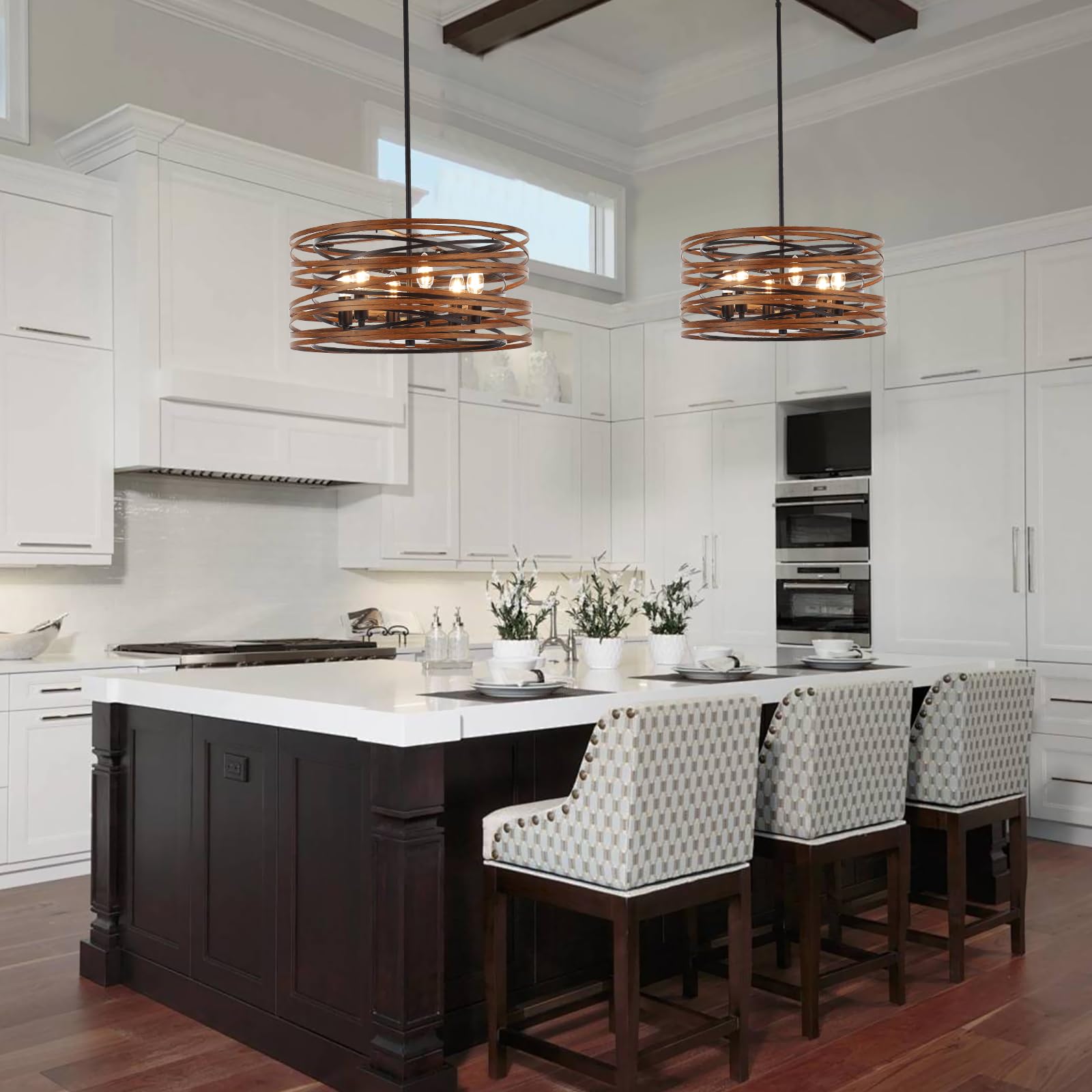 Yomecoo 19.7'' Drum Chandelier Light Fixture Vintage Farmhouse 6-Lights Black Chandelier With Wooden Finish Industrial Rustic Dr