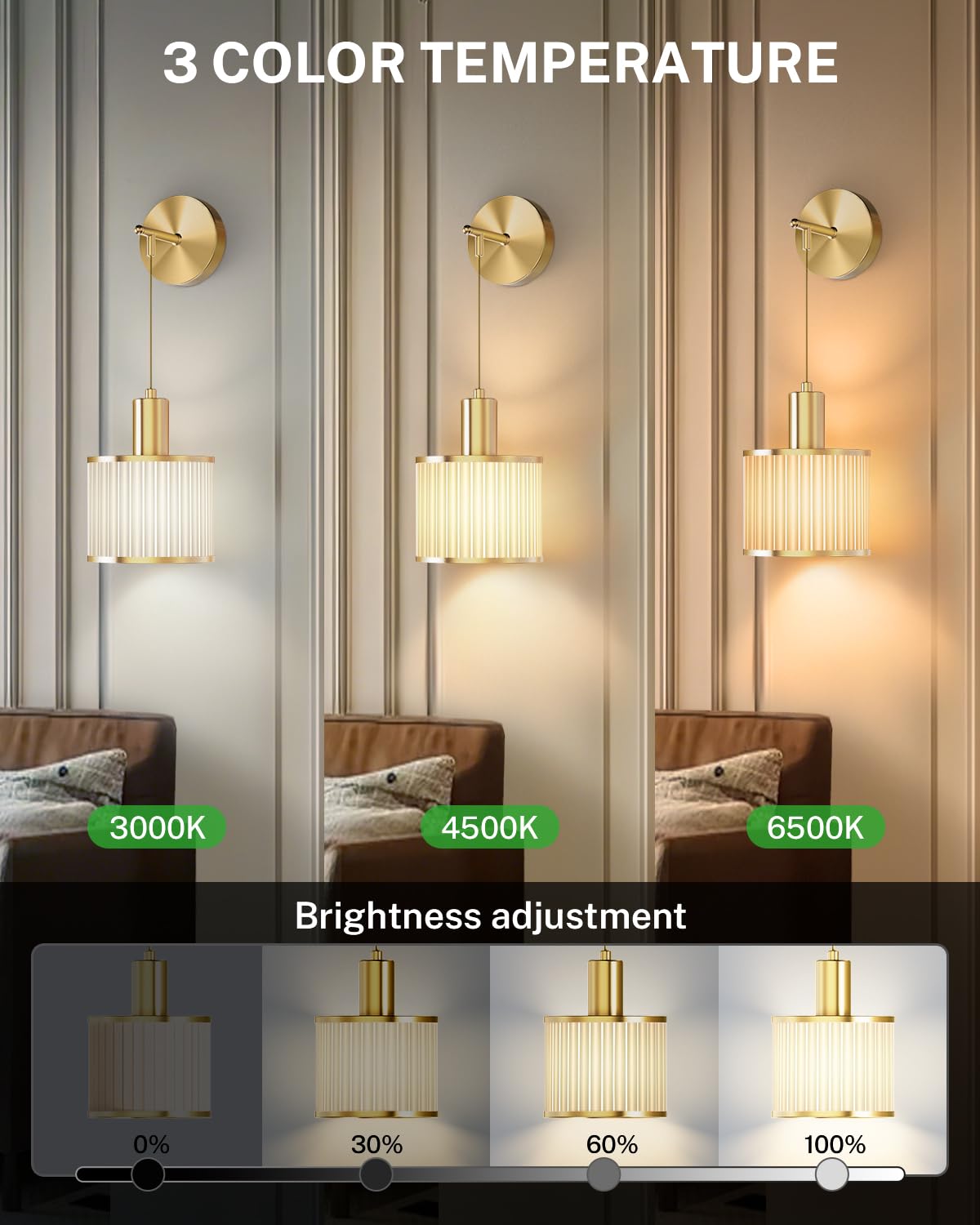 SAIMAND Battery Operated Wall Sconce Set of 2, Wireless LED Lights, Dimmable, Gold + Beige, Remote Control, Modern Design