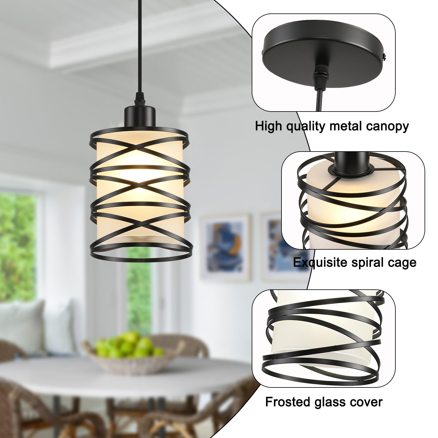 Ihengyanlt 2 Pack Pendant Light Kitchen Island Pendant Lighting, Hanging Light With Spiral Cage Frosted Glass Shade, Black Modern Indoor Hanging Lamp For Dining Room Kitchen Island