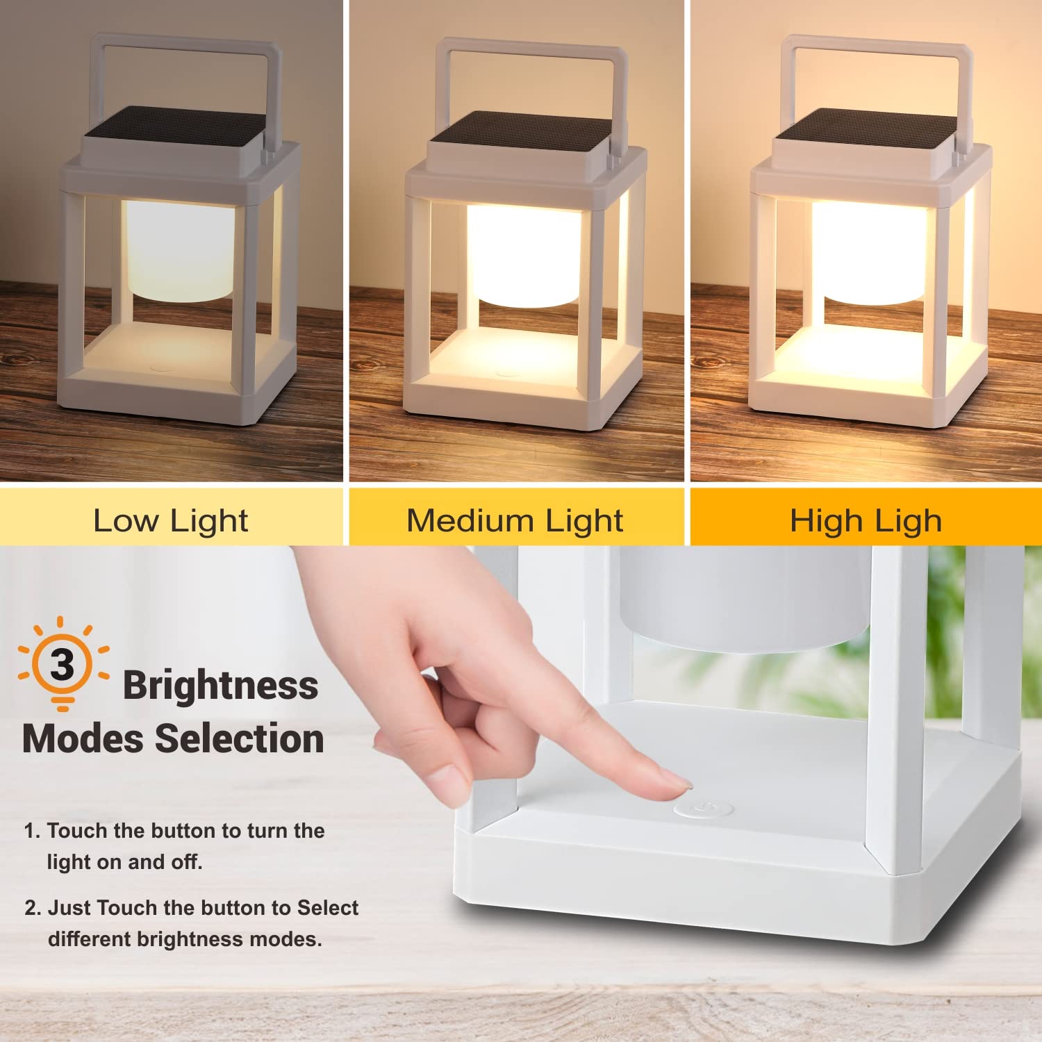 LETRY Outdoor Table Lamp, Portable Solar Lantern, IP44 Waterproof, Touch Control, LED, Square, Black, Model LE07