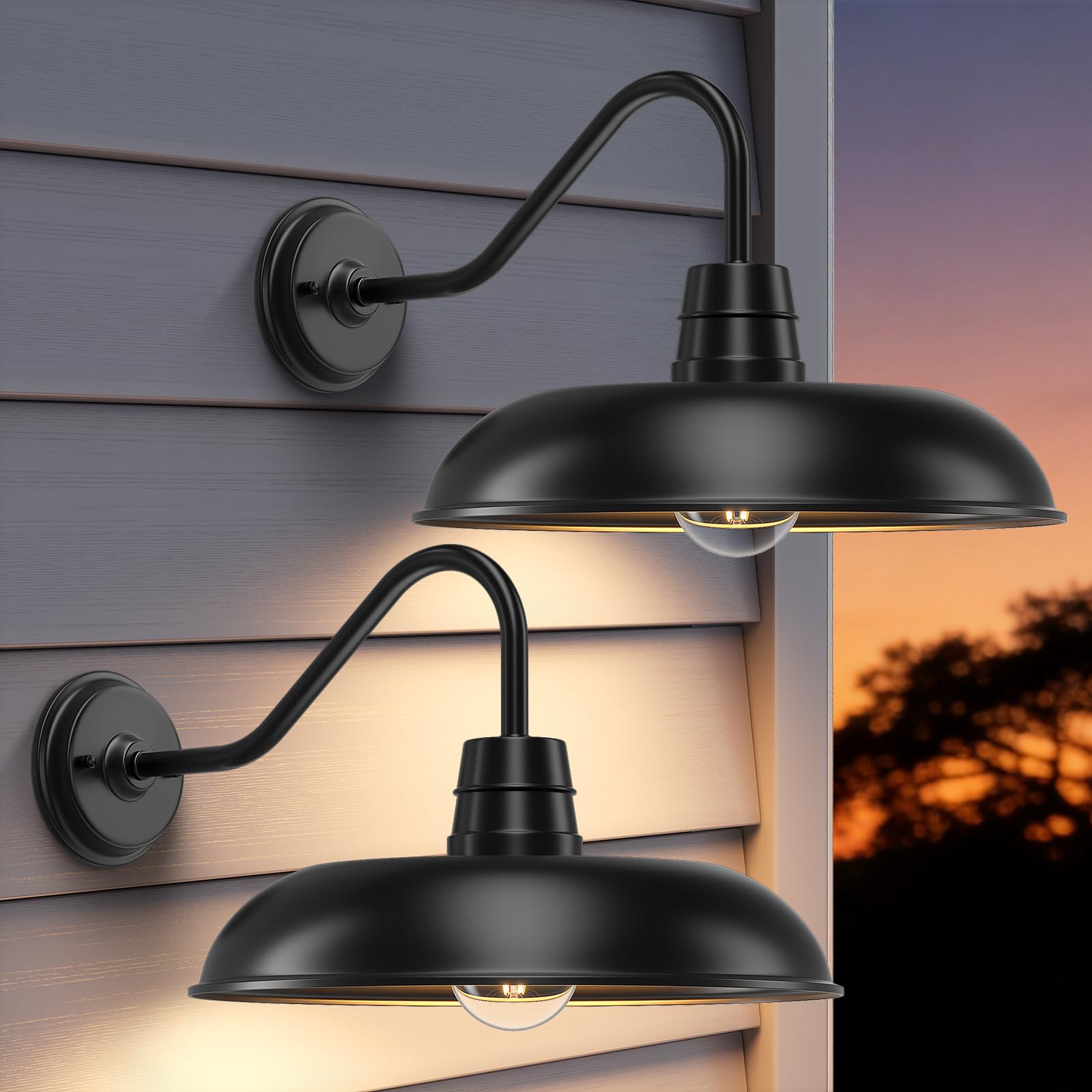FILIYANO Gooseneck Barn Outdoor Light, 14 Inch 2-Pack Large Farmhouse Light Fixtures, Industrial Rustic Stain Black Waterproof W