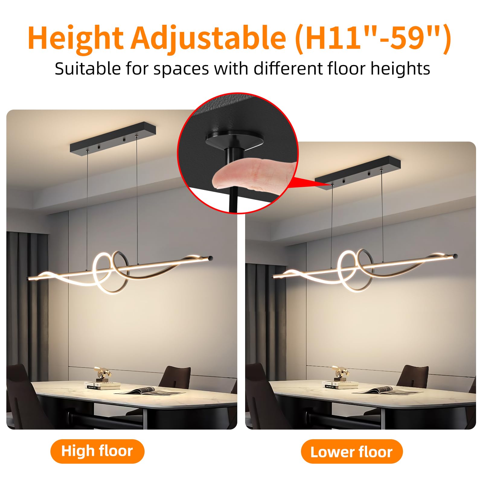 Mikeru Modern LED Chandelier Light, Dimmable with Remote Control, 59in Aluminum Pendant Fixture, A-Black, Model LX-120