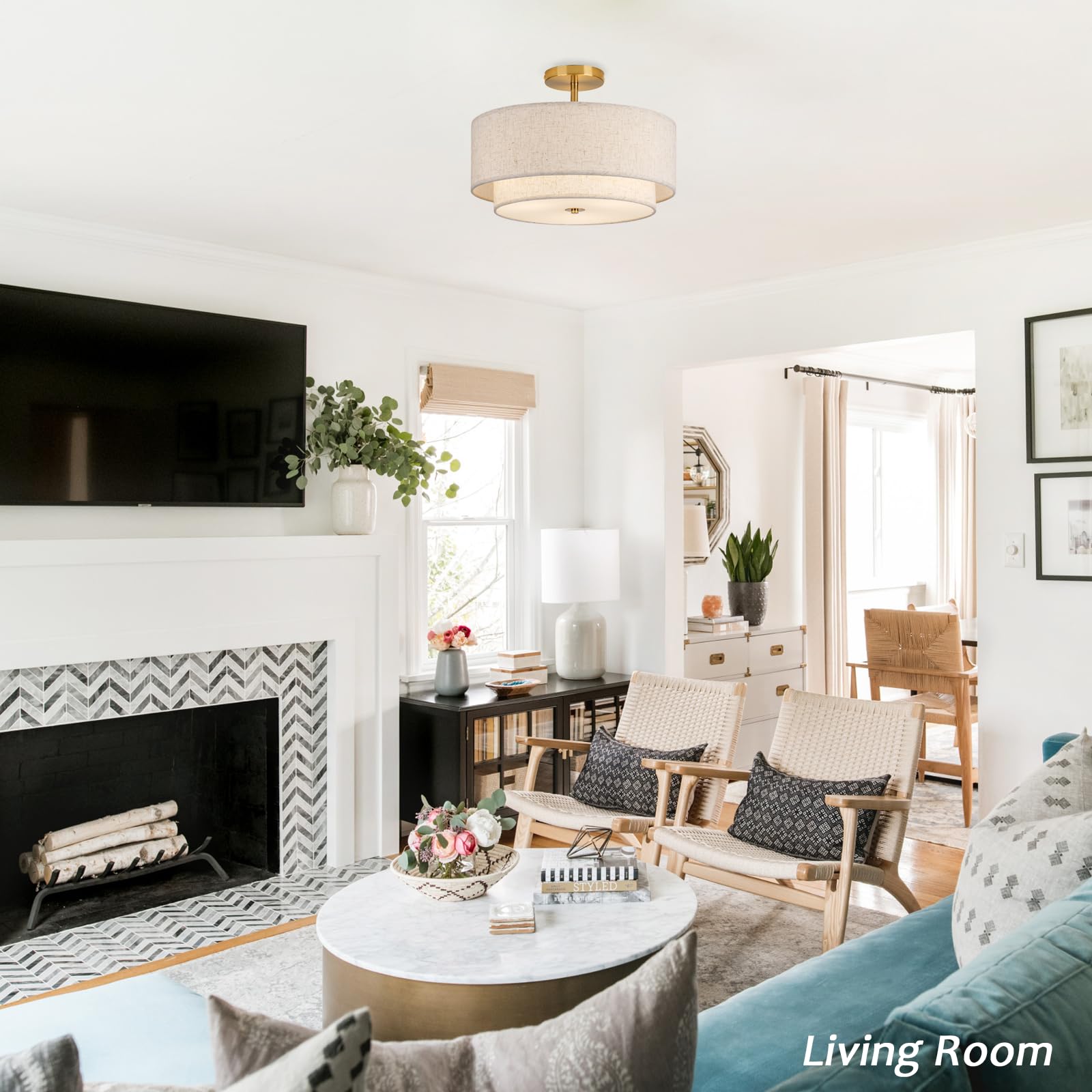 Calokes 16'' Double Drum Gold 3-Light Semi Flush Mount Ceiling Light, Classic Fabric Linen Shade Design For Living Room, Bedroom