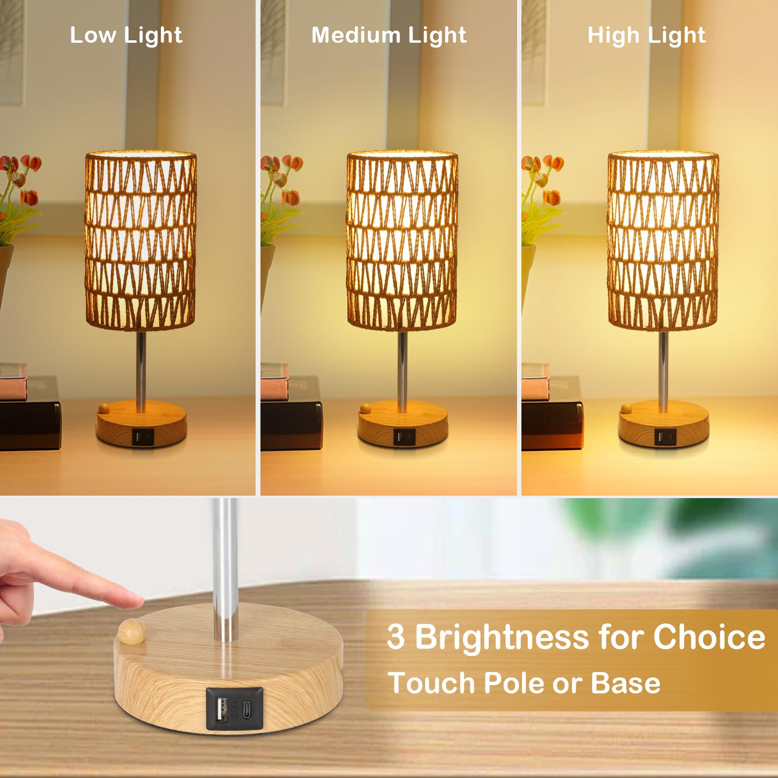 Eayaya Bedside Lamps Set Of 2 With Bulb, Touch Control Nightstand Lamp For Bedroom With Rattan & Linen Shade, 3 Way Dimmable Sma