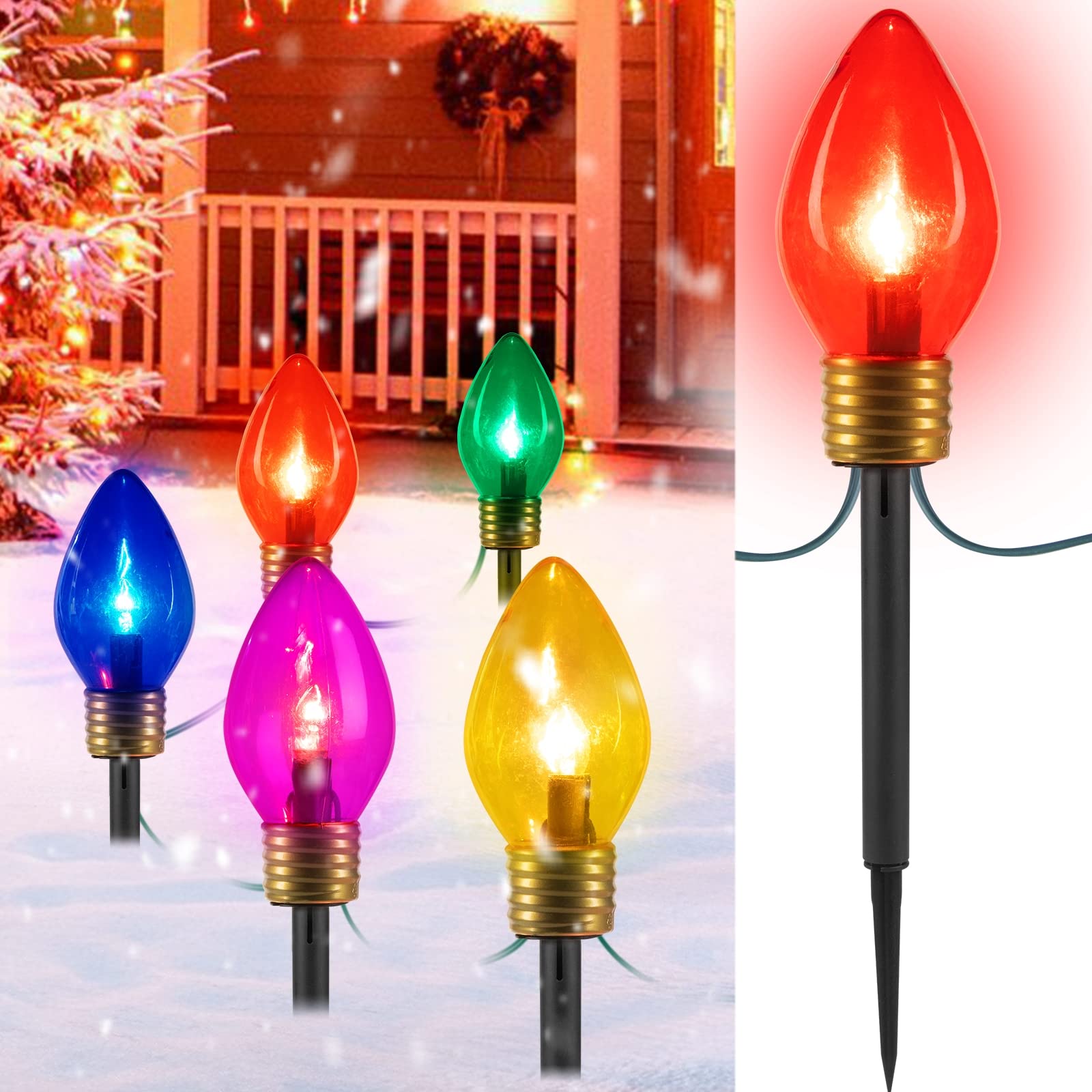 2 Pack Jumbo C9 Christmas Pathway Lights Outdoor Decorations Lawn with Stakes,Tota 17Ft 10 LED String Lights Covered Jumbo Multi