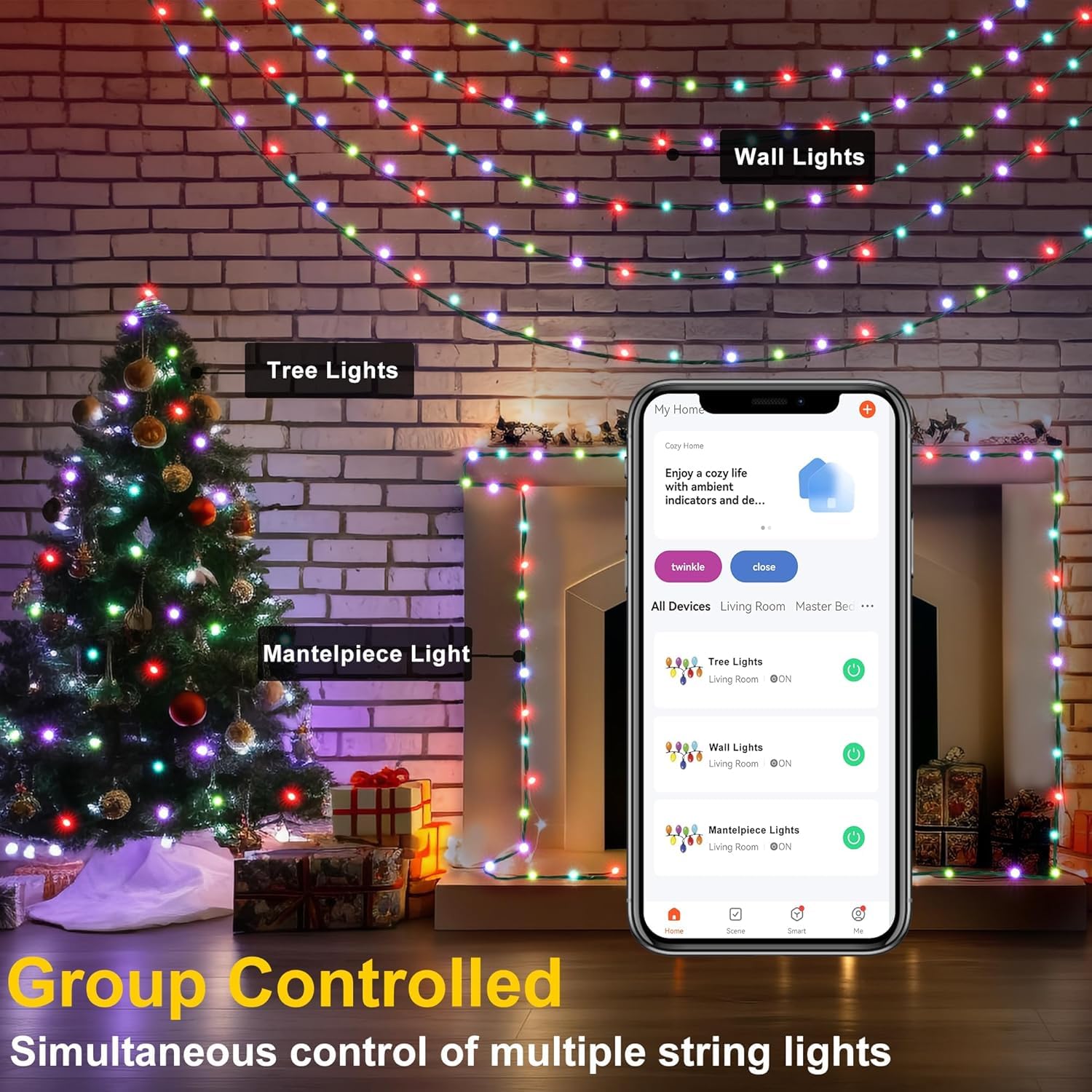 PMS Smart WiFi LED Christmas Lights, APP-Controlled, 100 LEDs, RGB-APP, Ideal for Home, Party, Garden, Halloween Decor