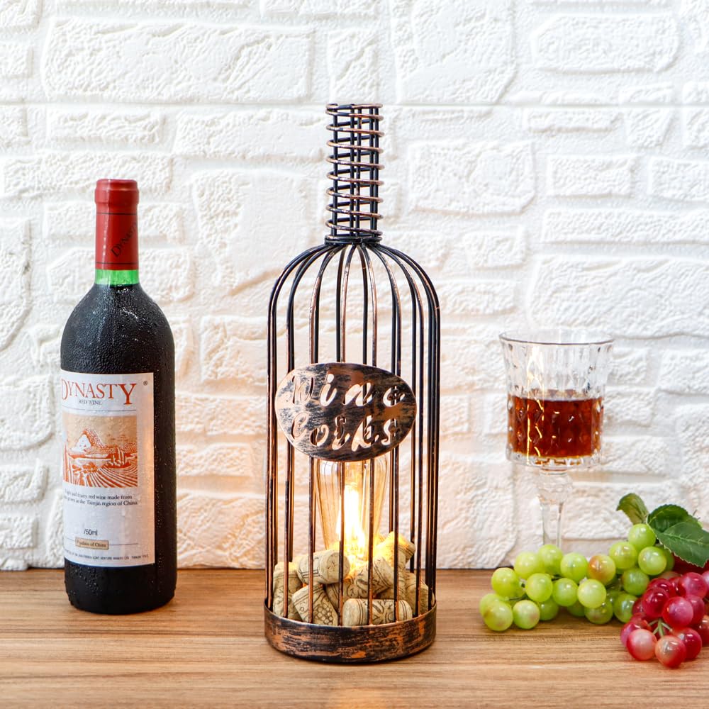 JHY DESIGN Decorative Table Lamp Battery Powered 13.5”H Cordless Metal Wine Cork Holder Lamp with 6-Hour Timer for Tabletop Home Patio Dining Room Living Room(Black Brushed Gold)