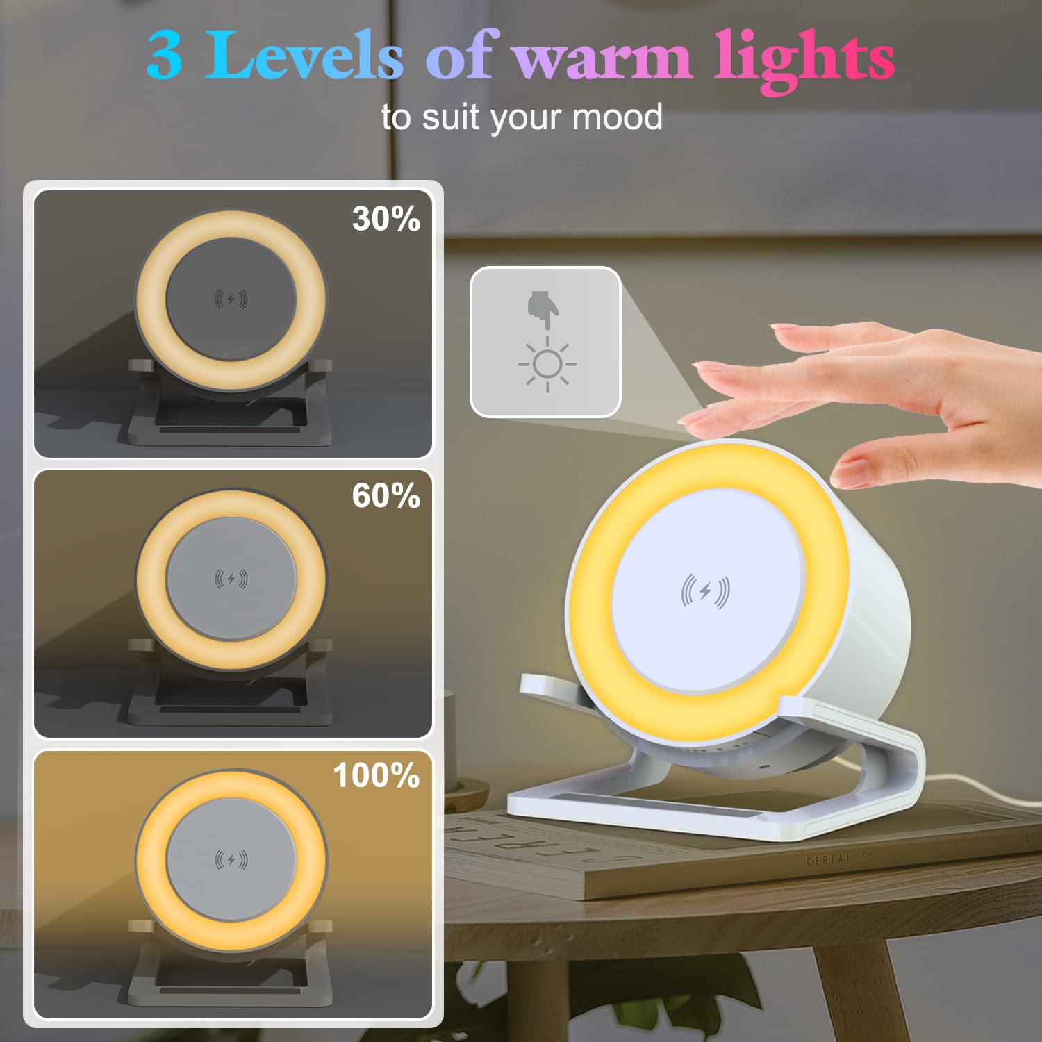 Doopo Night Lights Bluetooth Speaker,Wireless Charger 15W With Phone Holder, Touch Control Bedside Lamp Dimmable With Dynamic Co