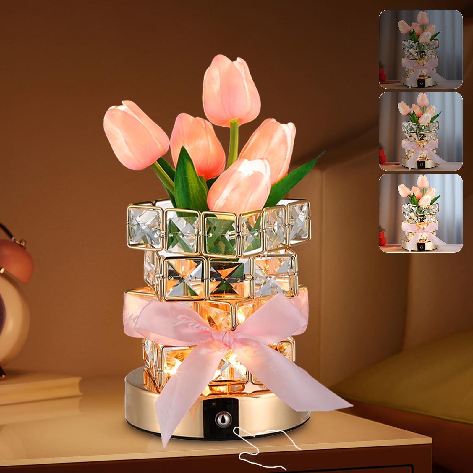 Tulip Table Lamp, 3-Color Dimmable Artificial Flowers Night Light, Rechargeable Cordless Small Desk Lamp, Fake Bouquet 5 Tulip W