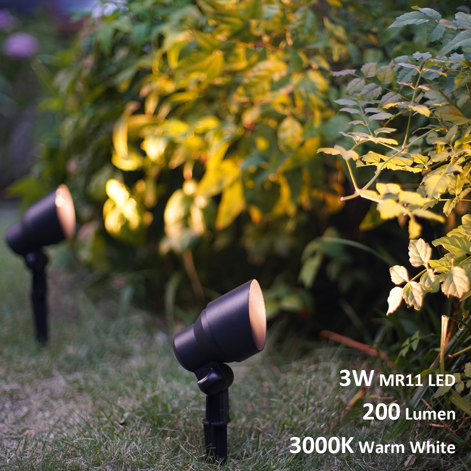 GOODSMANN Low Voltage Spotlight 12V AC 3W LED 200 Lumen Warm White Black Metal with Connector & Spike Stake, Model LL9121-16103-01A