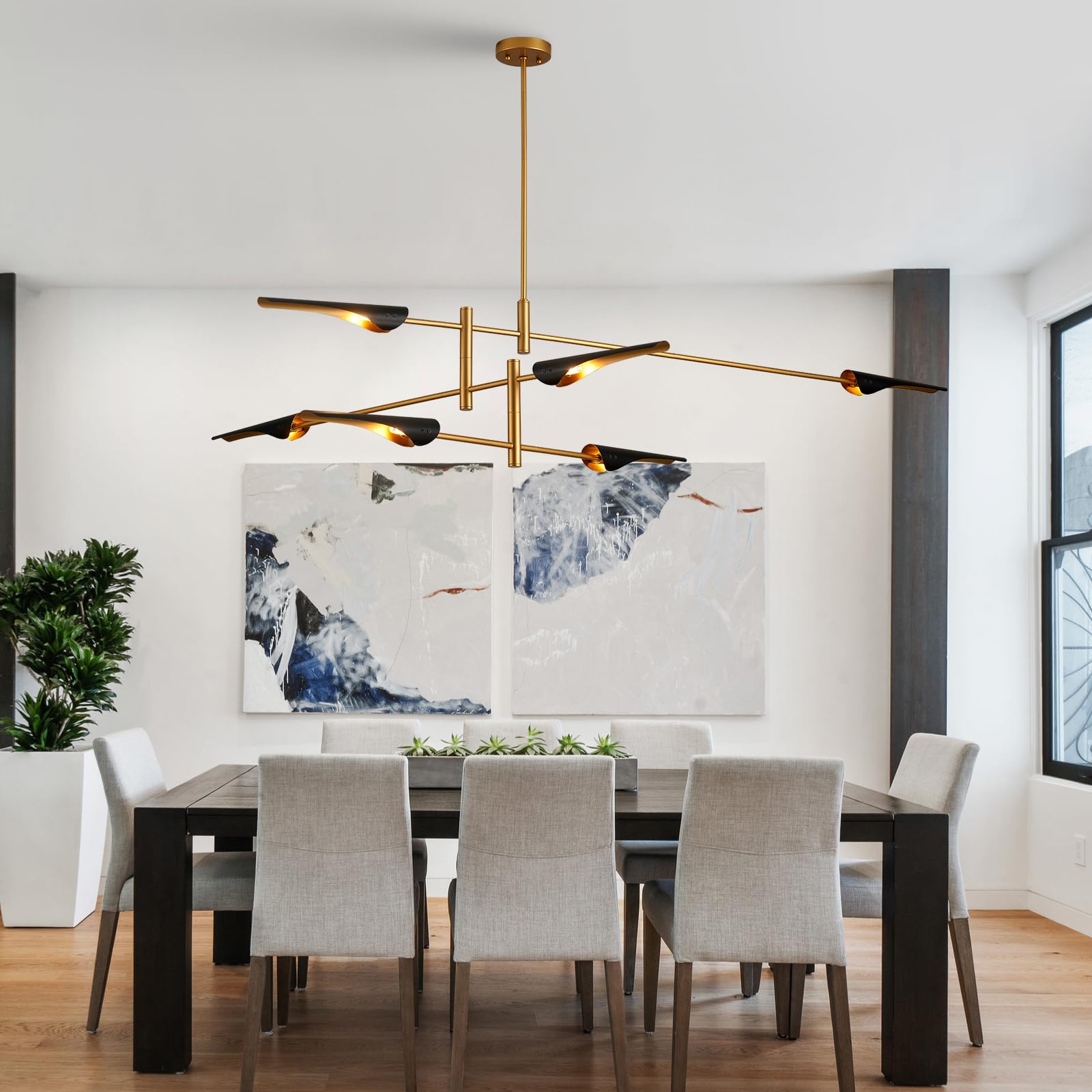 MhyTogn 76” Industrial Pendant Light, 6-Lights Adjustable Chandelier, Metal, Black, Model 453-EKD-6 for Dining Room, Living Room, Kitchen