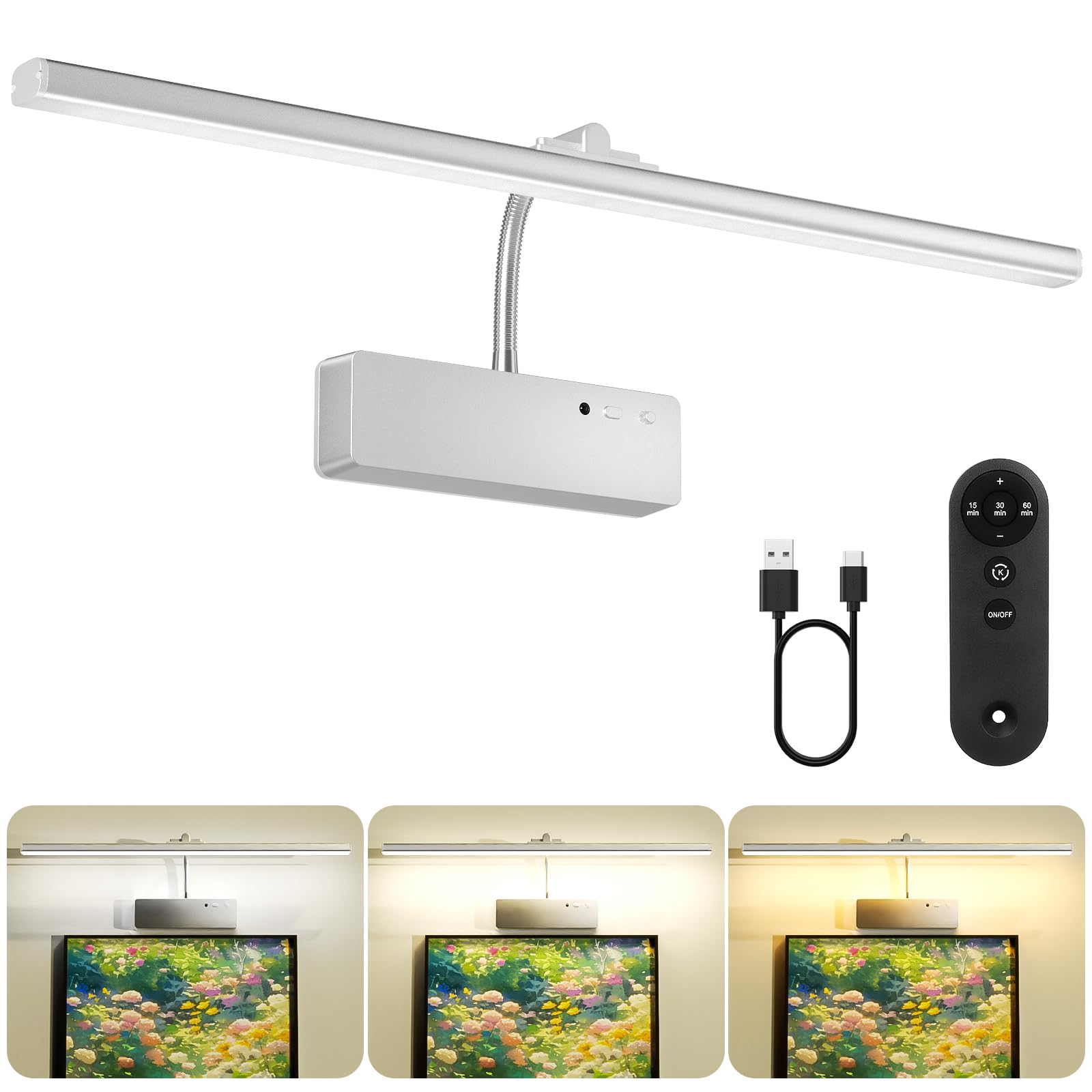 Picture Light With Remote, 20Inch Wireless Rechargeable Battery Wall Light For Paintings, 3 Colors Paintings Light Dimmable &Tim