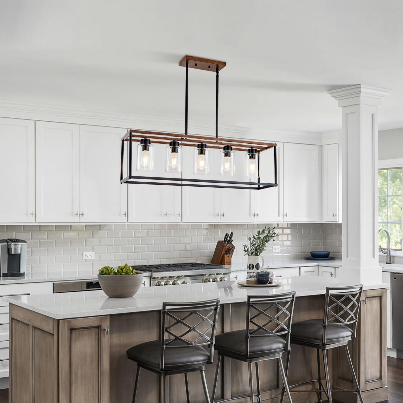 Hccz 5-Light Black Wood Farmhouse Chandelier - Adjustable Height Modern Industrial Pendant Light