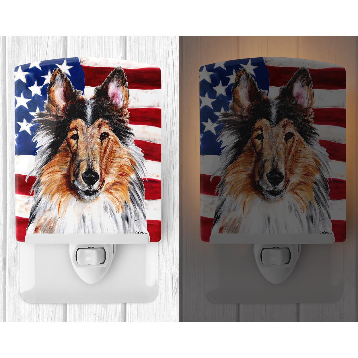 Carolines Treasures Ceramic Night Light, Collie with American Flag, 6x4x3 inches, UL-Certified, Multicolor, Model SC9622CNL