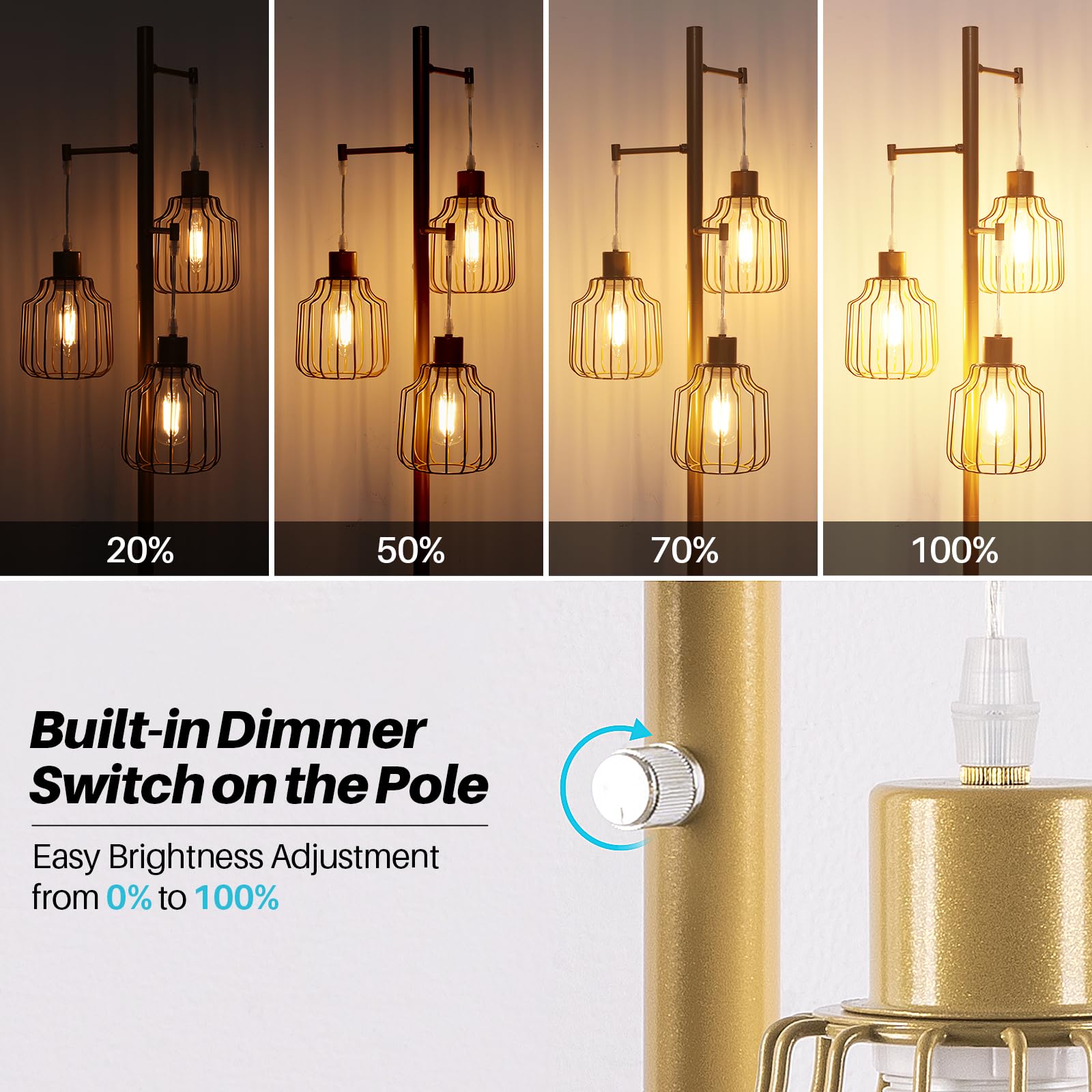 Dimmable Floor Lamp With 3 Led Edsion Bulbs, Farmhouse Tall Standing Lamp For Living Room, Modern Gold Tree Floor Lamp, Bright V