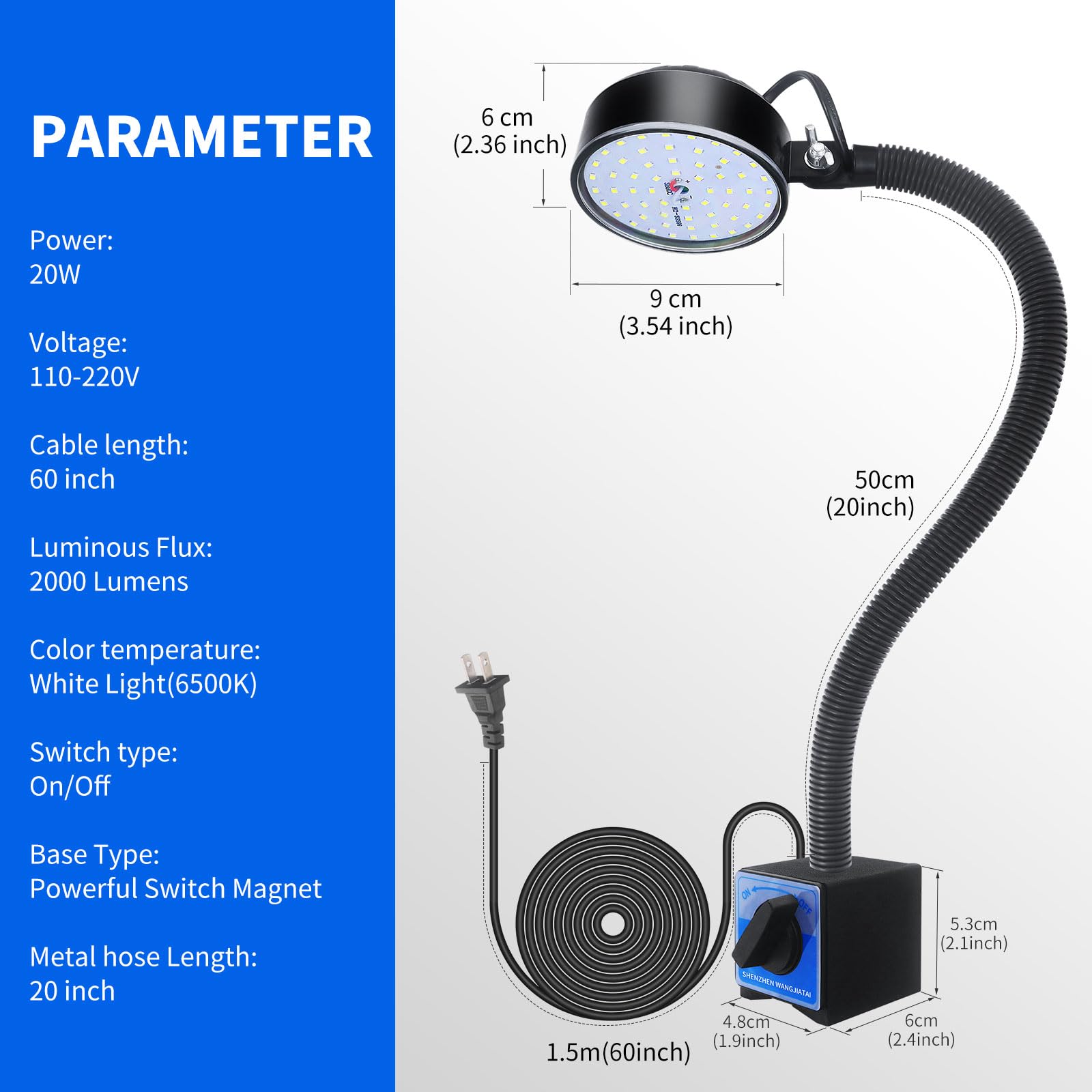 Wangjiatai Magnetic Work Light, Led Sewing Machine Light With 500Mm Flexible Gooseneck And Magnetic Base, Magnetic Shop Light, L