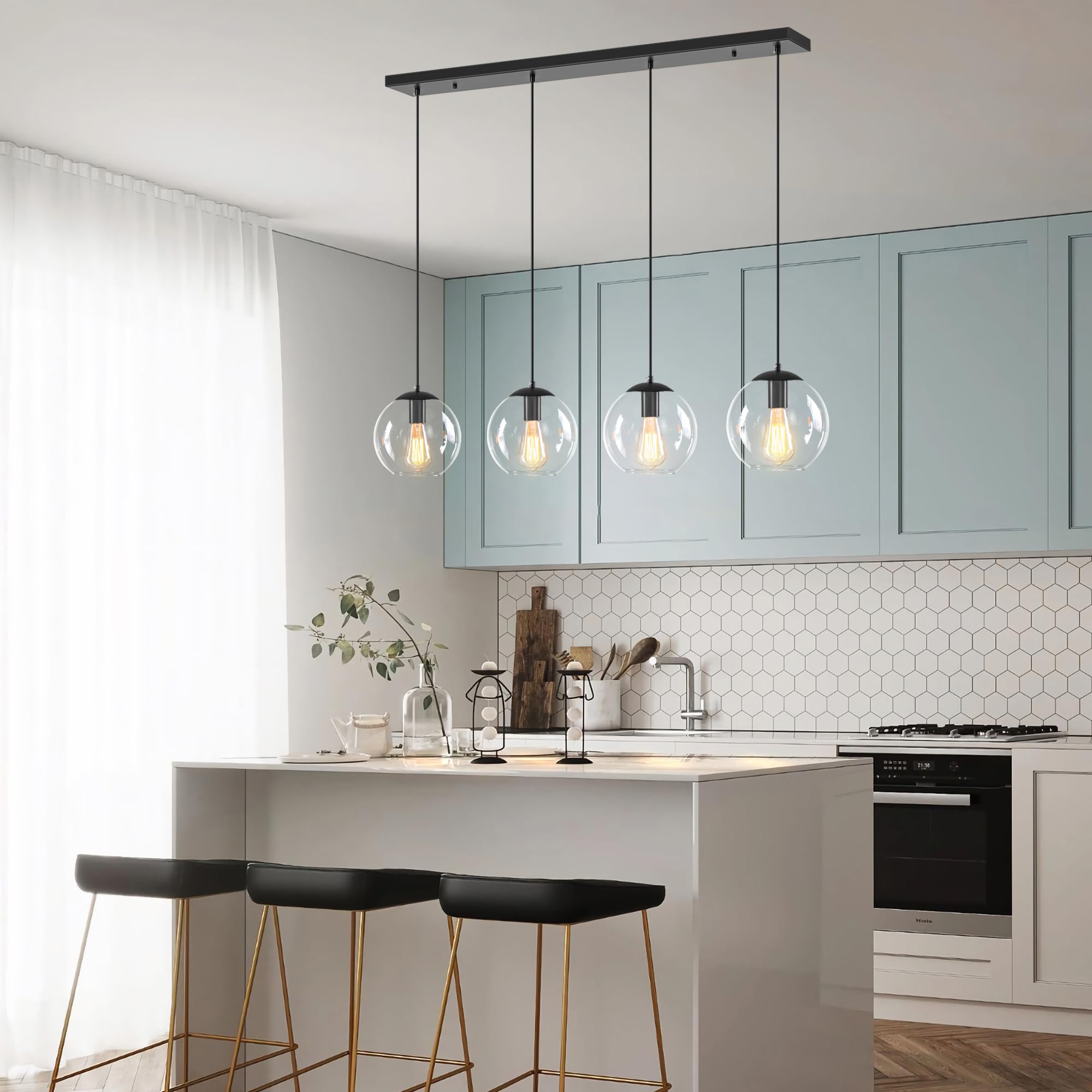 Lmsod 4 Lights Globe Pendant Light, Modern Hanging Lighting Fixture, Matte Black Classic Cluster Chandelier With Clear Glass Sha