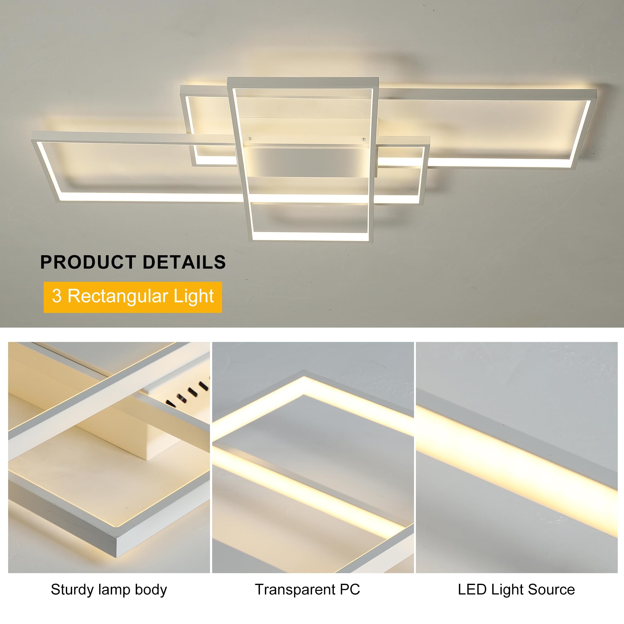 Jaycomey Modern Ceiling Light Dimmable Led Chandelier With Remote Control,50W 3-Layer Square Ceiling Lamp Acrylic Flush Mount Ce