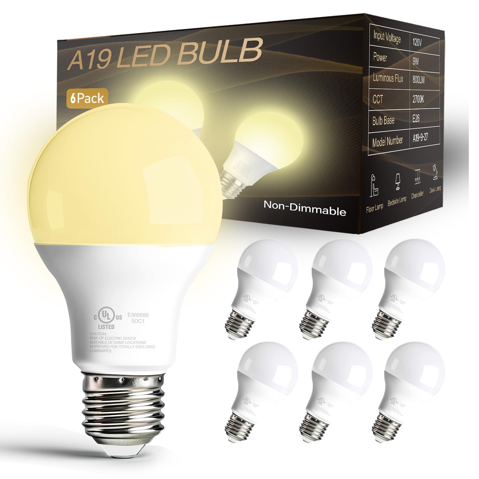 Dalattin 6 Pack Led Light Bulbs A19 E26 60 Watt Equivalent Soft White 2700K Warm Light Lightbulbs Indoor Standard 120V 60Hz 800 