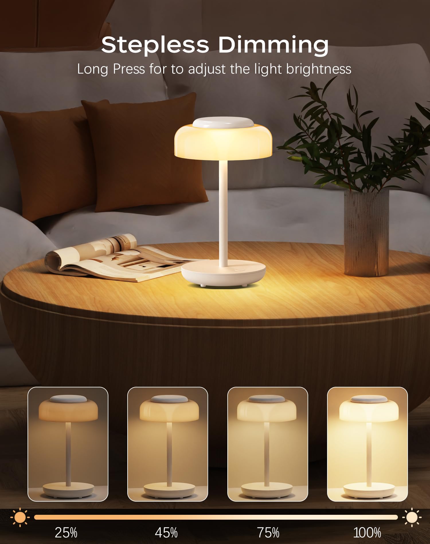 QiMH LED Table Lamp - 5000mAh Rechargeable, Stepless Dimmable, Waterproof, Small Size, White, Model VSH45B