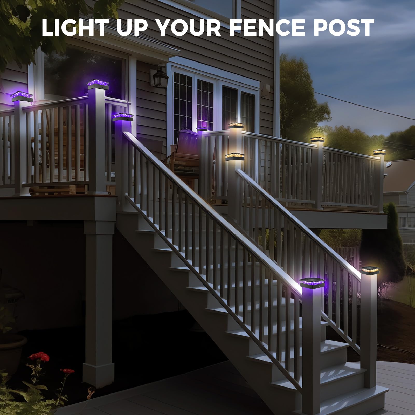 Peasur 4X4 Solar Post Lights Outdoor  4 Packs Purple & Warm White Led Fence Caps Light Waterproof  Wood & Vinyl Post Top Lighting For Deck Mailbox Railing Porch Outside