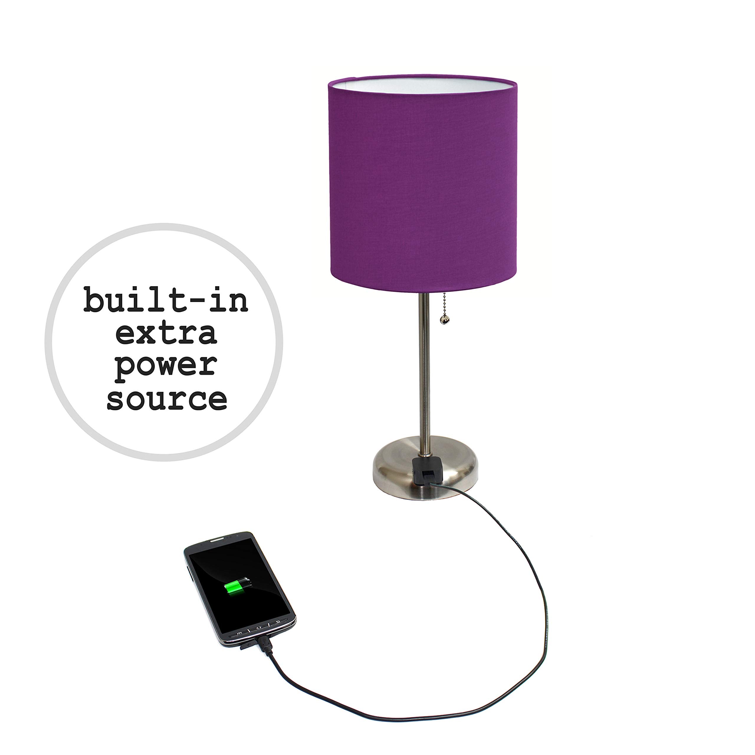 Simple Designs LC2001-PRP-2PK Brushed Steel Table Lamp Set with Purple Shades, 2 Pack