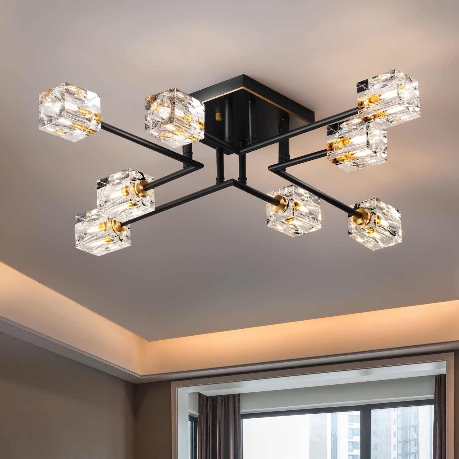 Okes 8-Lights Black And Gold Crystal Semi Flush Mount Ceiling Light For Dining Room & Living Room