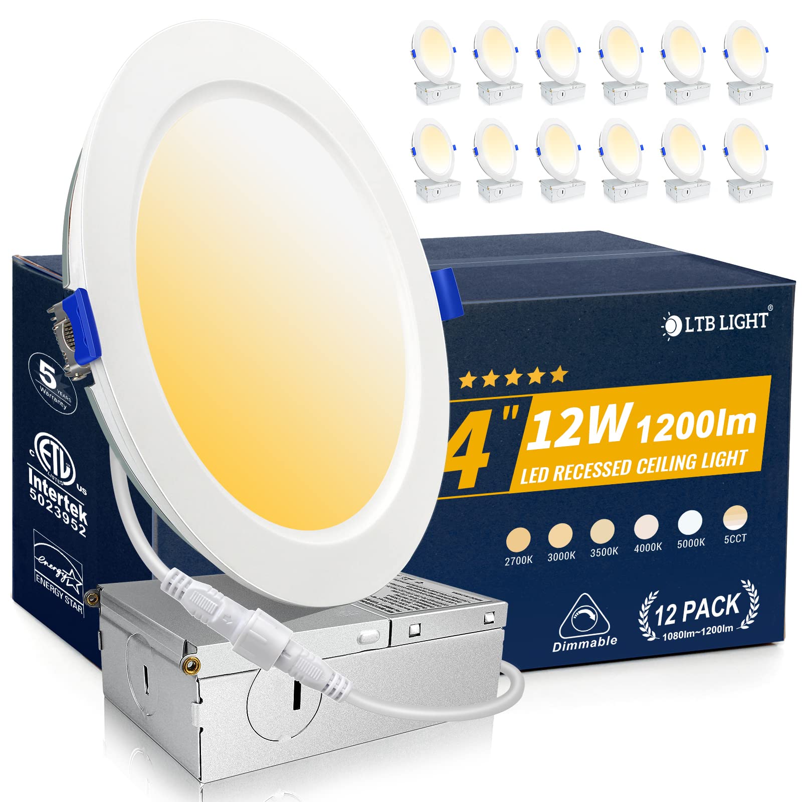 LTBLIGHT 12 Pack Recessed Lighting 4 inch, 4000K Ultra-Thin LED Canless Recessed Lighting, Retrofit Dimmable Recessed Lights, 12