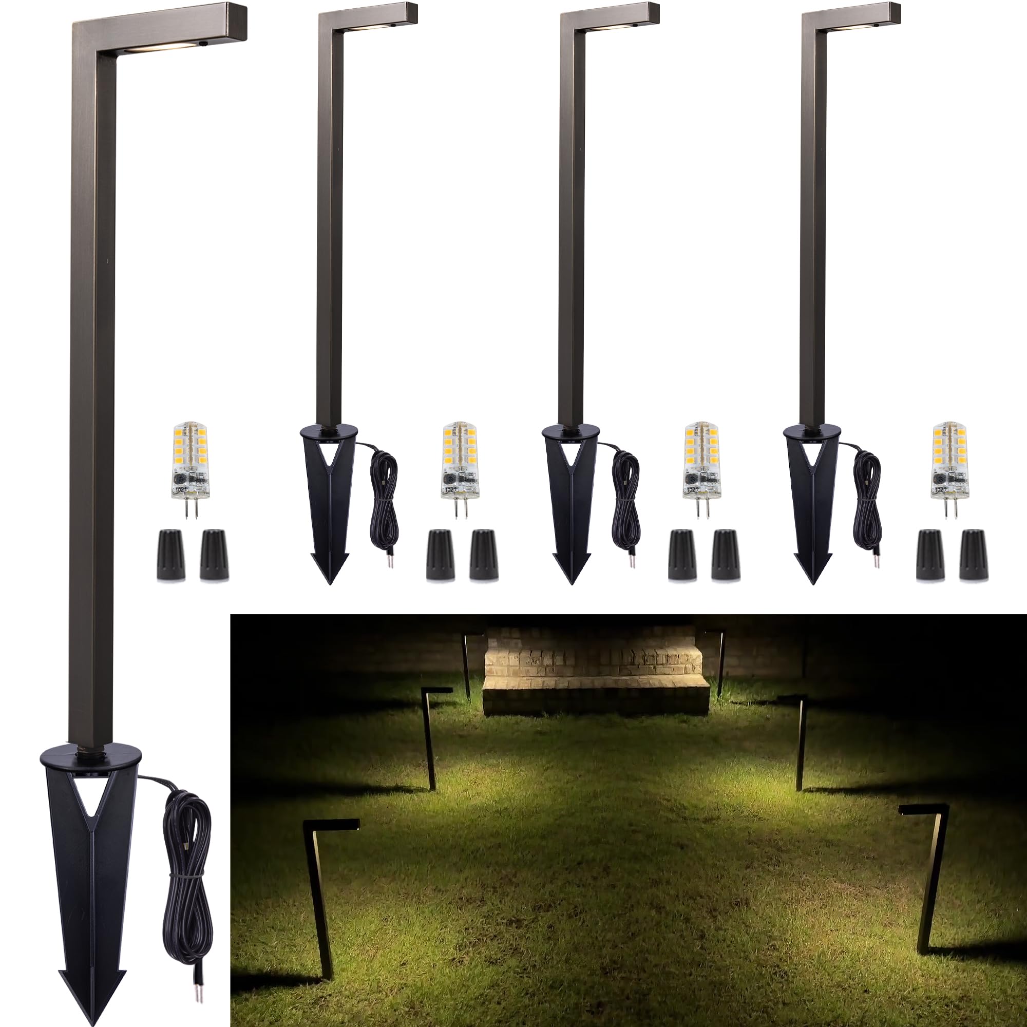Gardenreet Low Voltage Pathway Lights Brass, Led Landscape Path Lights, Yard Lights Outdoor Waterproof Ip65, 12V Wired L Shape Bronze For Garden Walkway With 3W 270Lm 2700K G4 Bulb 4 Pack