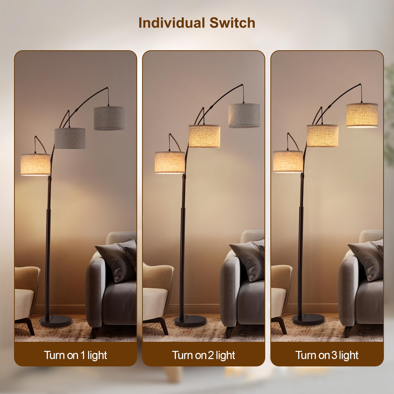 Fansdrick 3 Light Arc Floor Lamp, 80" Tall, Brown-Linen Shade, Super Bright 2400LM, Remote Control, Mid Century Design, Model NTL-02BR
