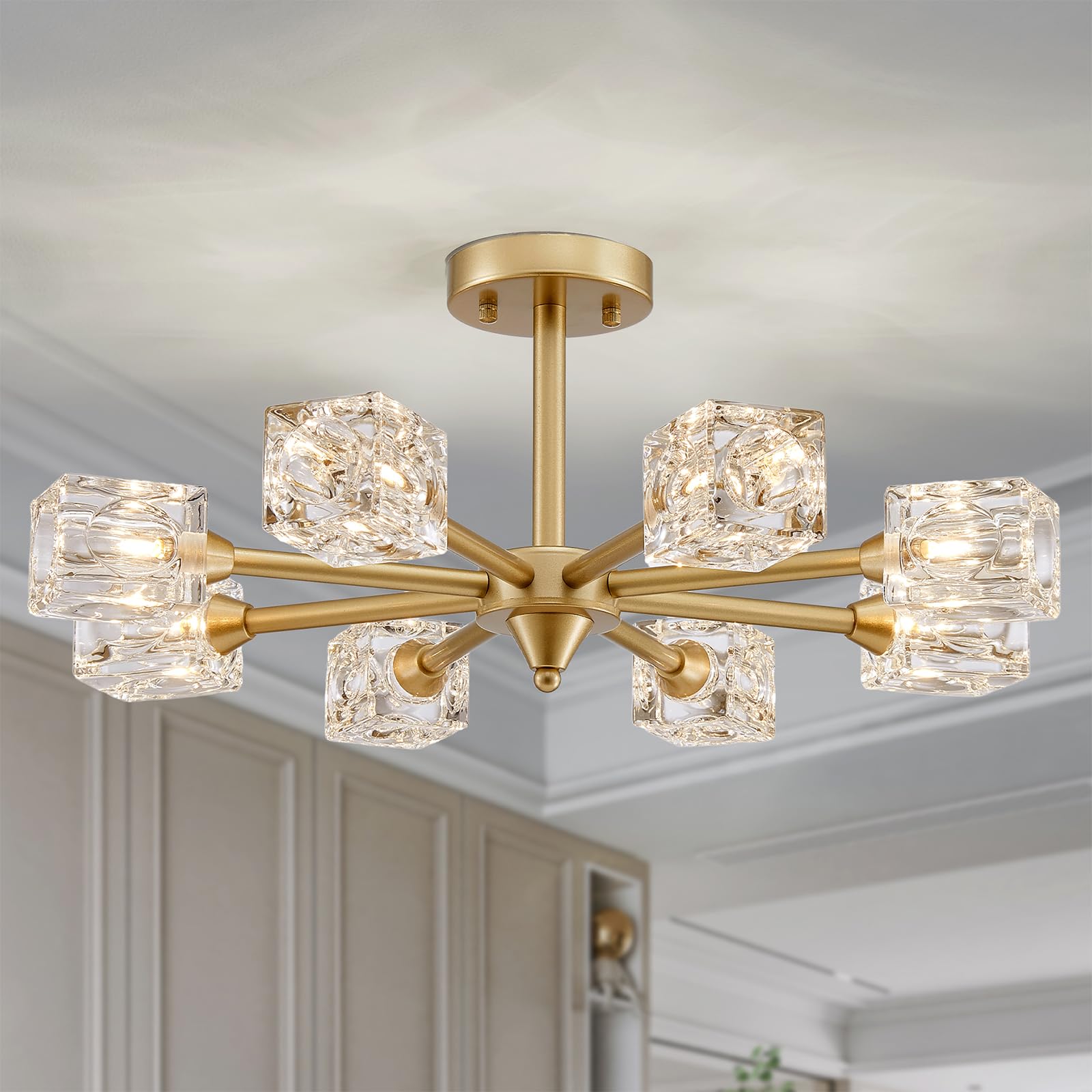 XINGQI 8-Light Semi Flush Mount Ceiling Light Fixture Modern Antique Gold Sputnik Chandeliers Fashion Lighting for Bedroom Dinin