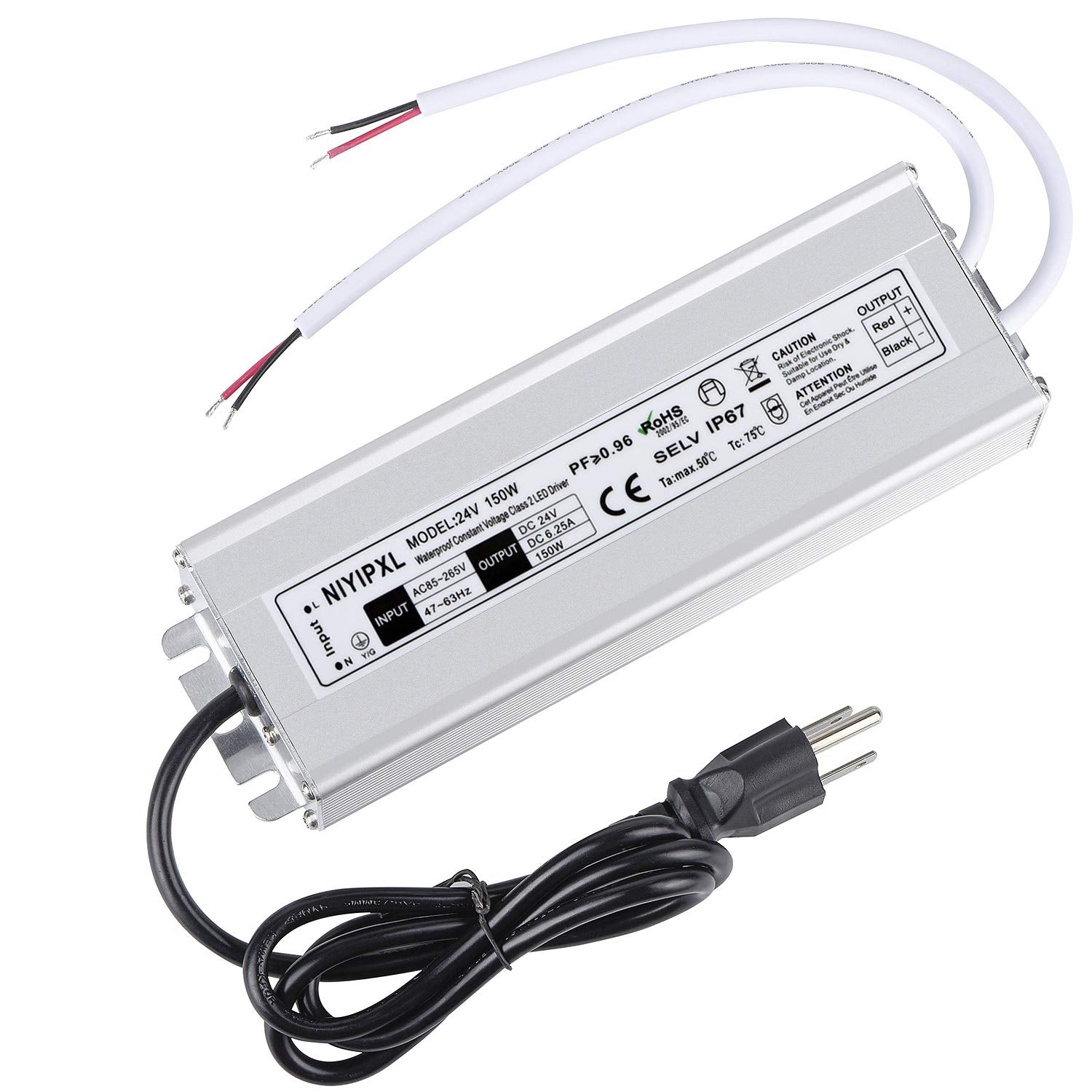 LED Driver 150 Watts 24V DC Low Voltage Transformer, Waterproof IP67 LED Power Supply, Adapter with 3-Prong Plug 3.3 Feet Cable 