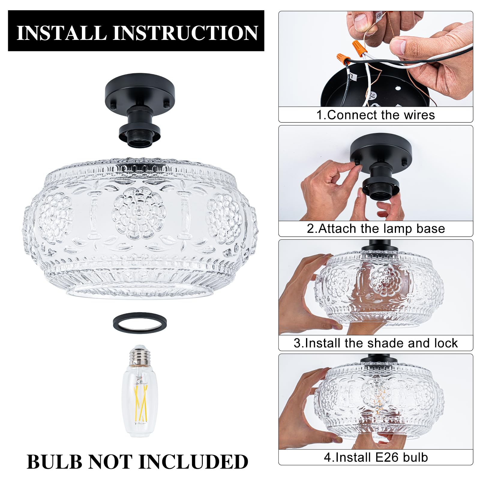 Tbaoinla Semi Flush Mount Ceiling Light Fixture - Black Metal Base & Floral Glass Shade  Modern Vintage Lighting For Entryway  Bathroom  Kitchen  Bedroom (Bulb Not Included)