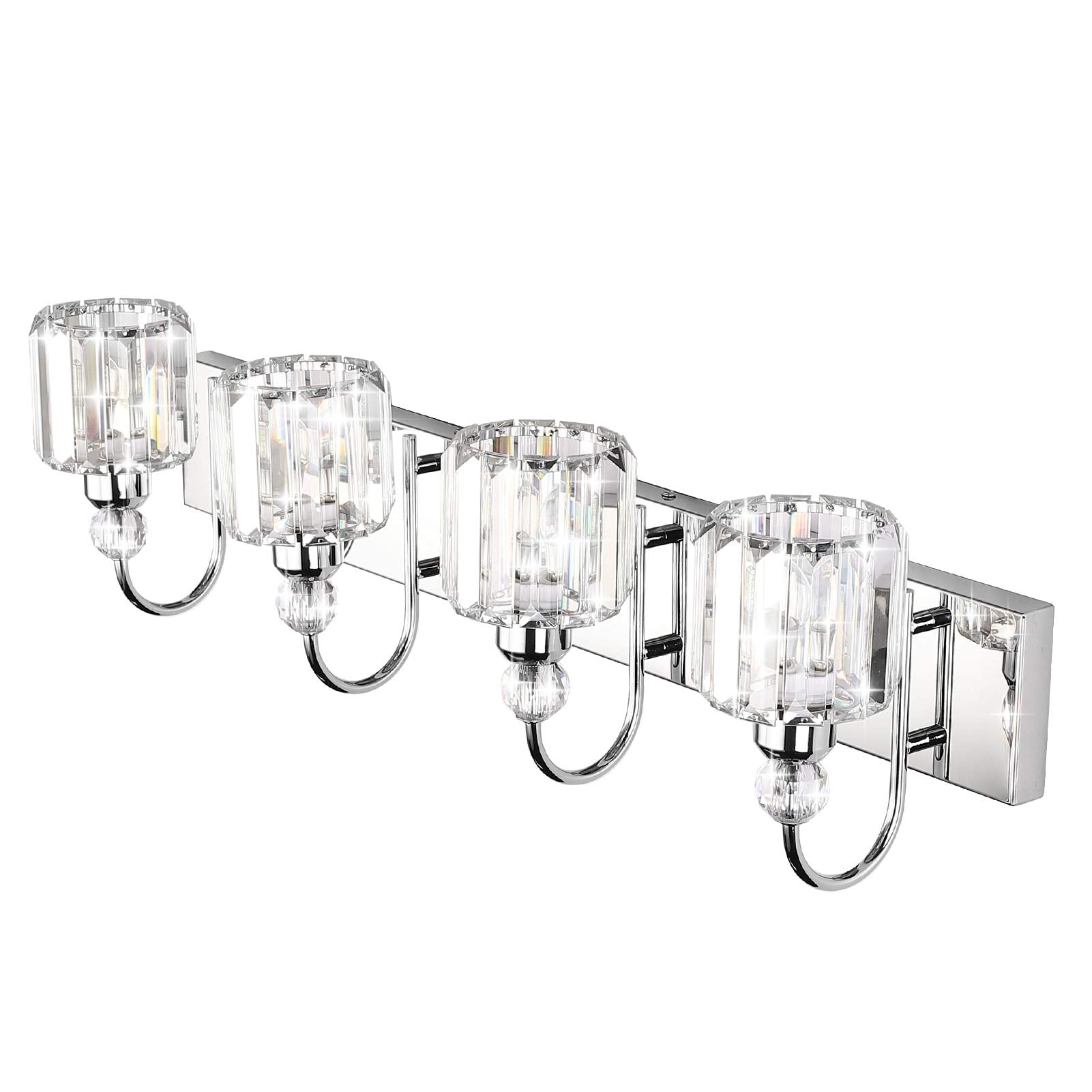 Ralbay 4-Light Modern LED Crystal Bathroom Vanity Lights, Round Chrome, Stainless Steel Fixtures, Model 8600