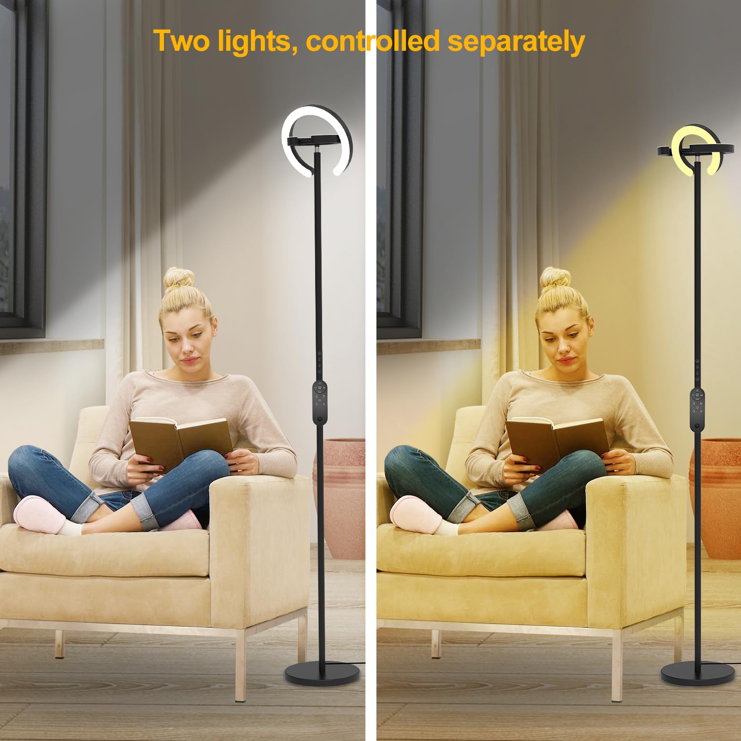 EPABINA 75.5" Floor Lamp with 2 Rotatable Ring Lights, Dimmable LED, Remote Control, Black, Model FDFL02