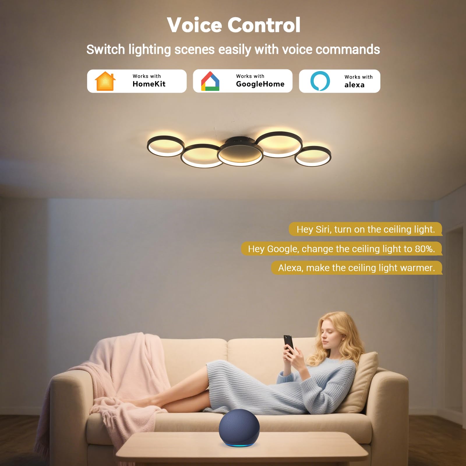 SKY ANGLE LED Smart Ceiling Light - Dimmable, Voice Control, Remote, Metal, Alexa/Black, Model JCF-SL9031-hei