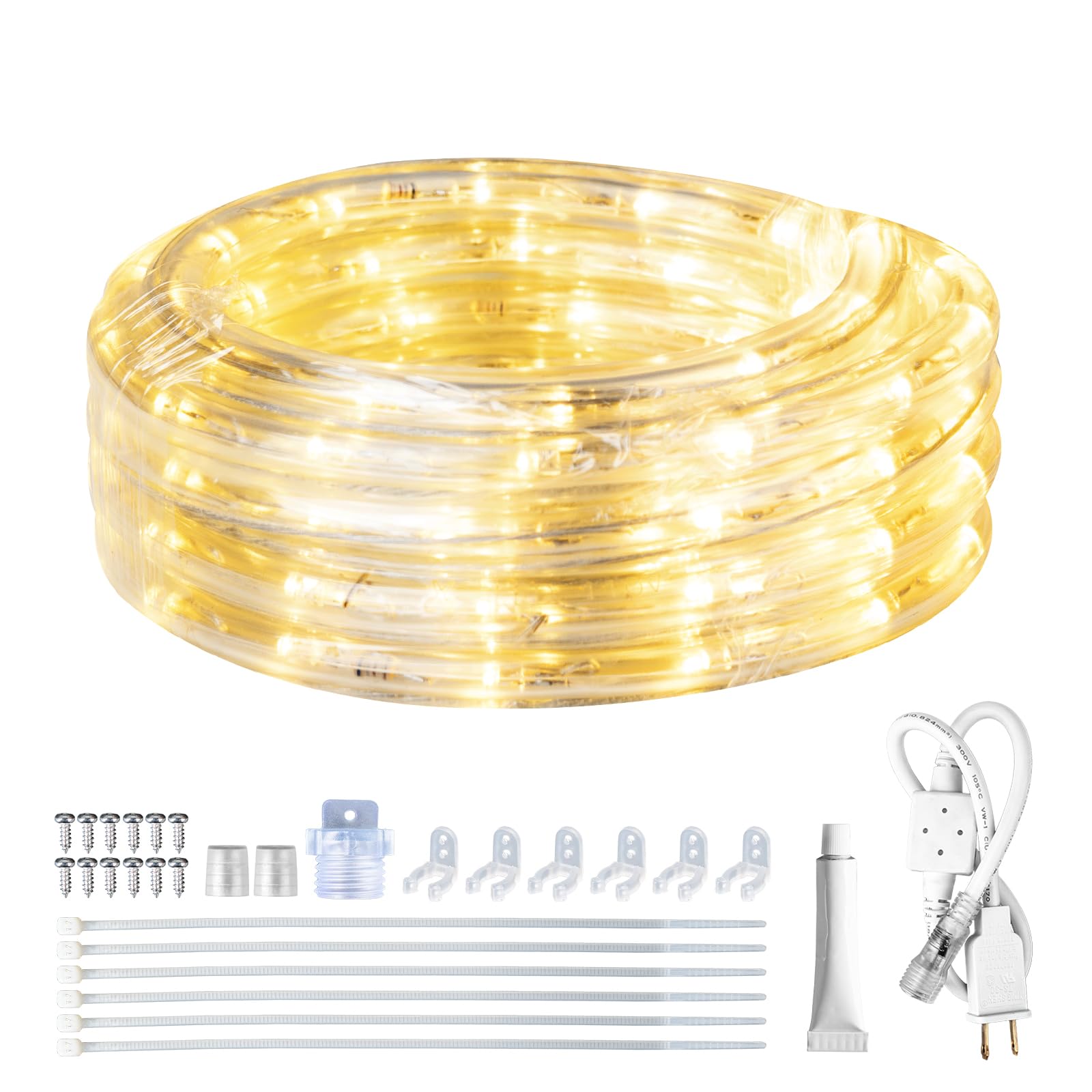 SURNIE LED Rope Lights Outdoor Warm White, Waterproof 10FT Cuttable 3000K Soft Lighting Indoor 110V Flexible Clear Tube for Bedroom Outside Garden Deck Patio Camping Decor, Not Flat Strip