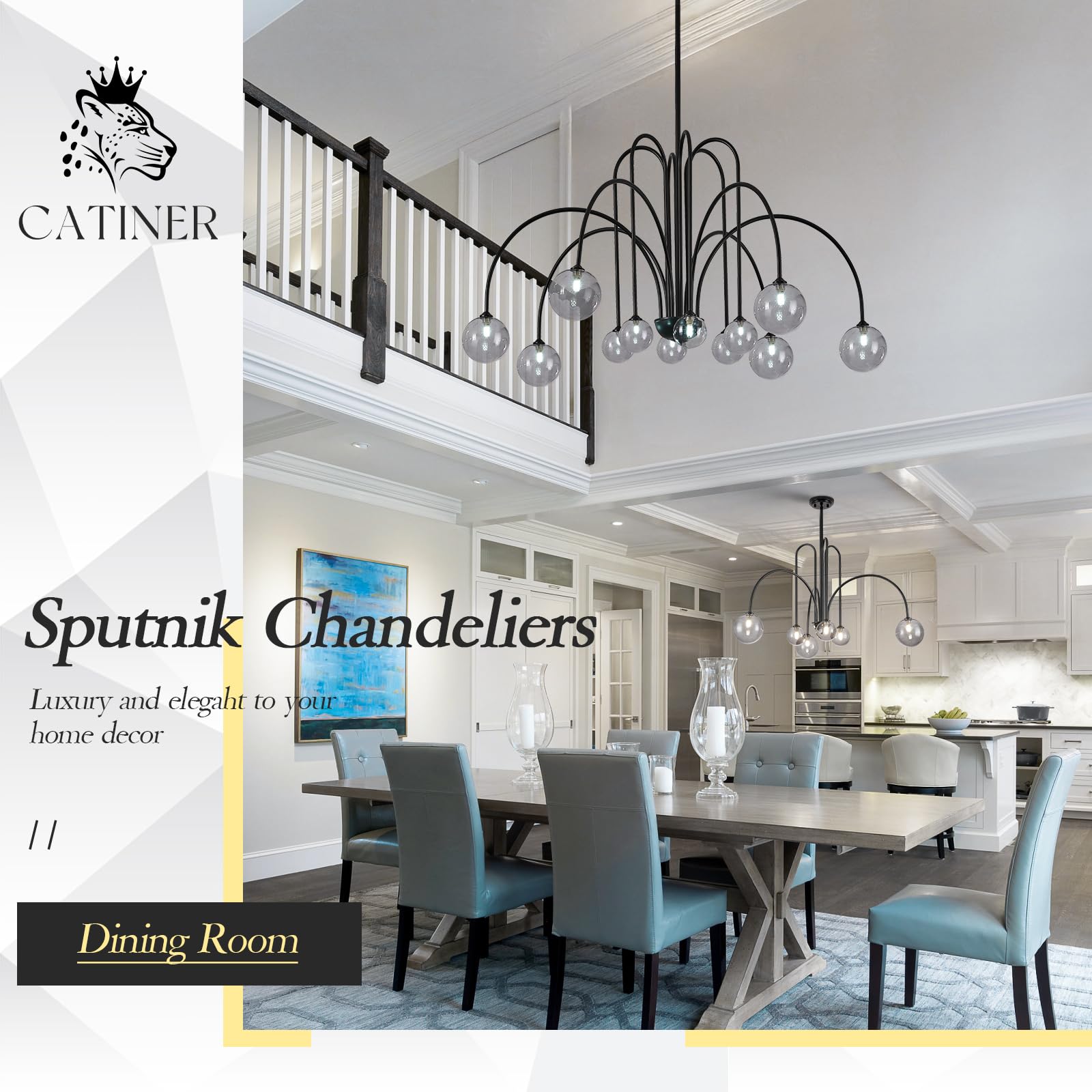 CATINER Modern Black Sputnik Chandelier, 12 Lights, Glass Globe Shades, L52”, for High Ceilings, Dining Room, Foyer, Model P93-12BB1
