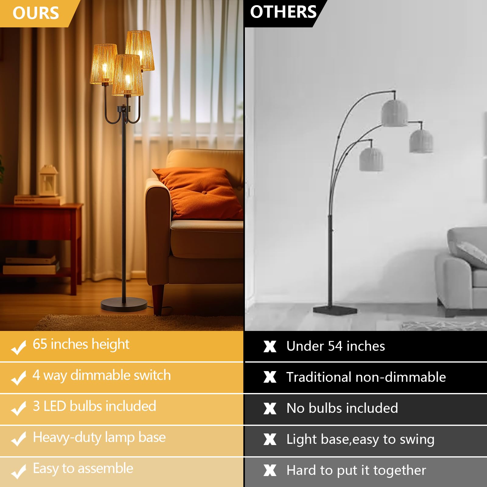 Roriano Boho Floor Lamp For Living Room, 3-Light Rotary Switch Farmhouse Standing Bedroom Lamp With Rattan Shade, Tall Floor Lam