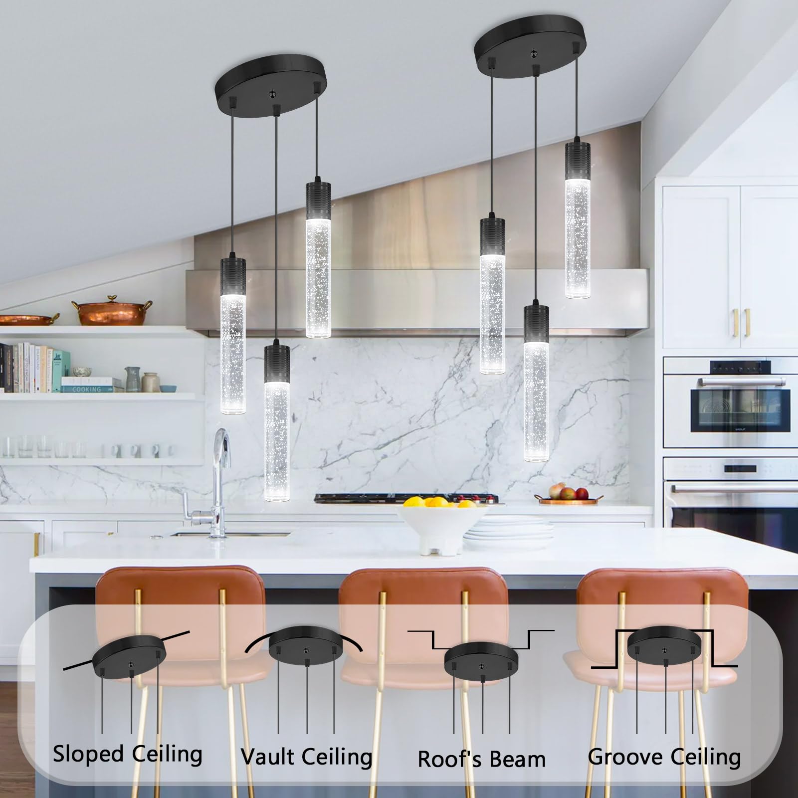 dolria 3-Lights Pendant Light Fixture, Black Crystal Chandelier for Kitchen Island & Dining Room, Model PC0019, 6000K White Light