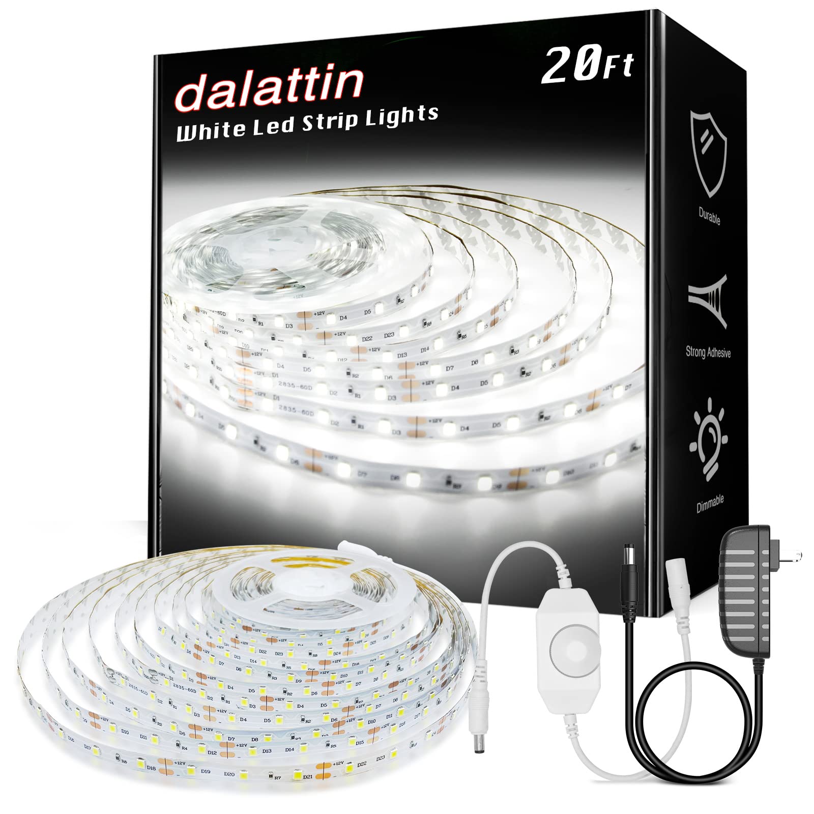 dalattin White LED Strip Lights 20ft Dimmable 6500K Tape Light for Home Decoration