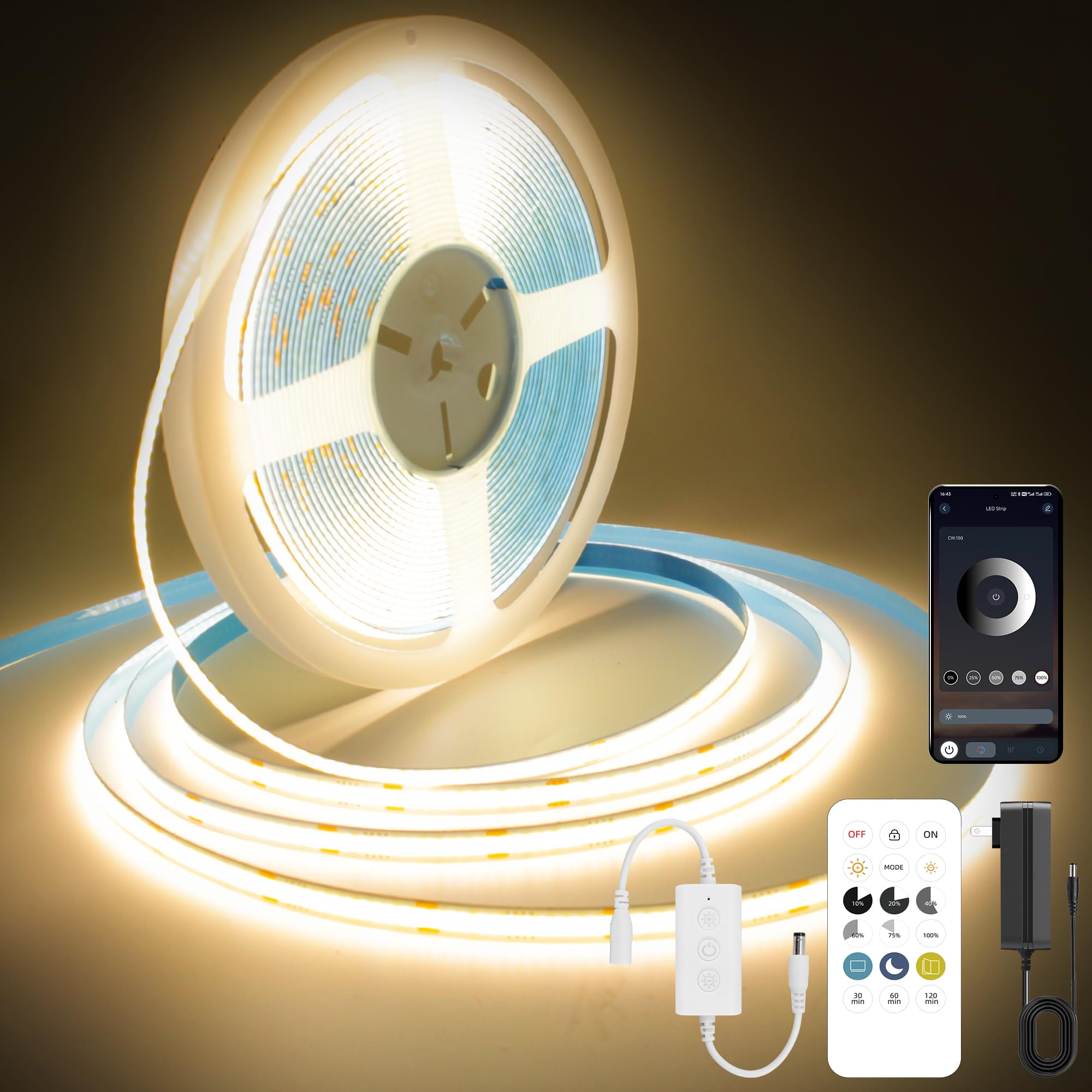 Pandery COB LED Strip Lights, 24FT Dimmable, 3000K Warm White, Flexible FPC+CHIPS, Model PD-COB-24V