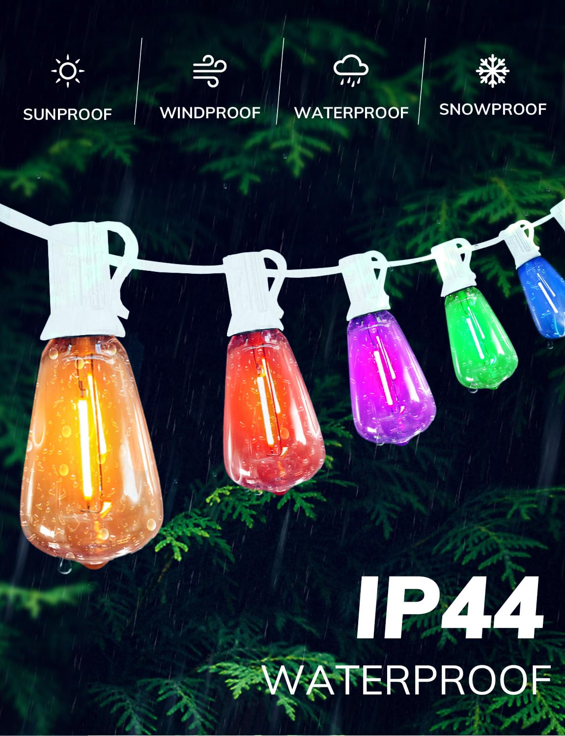 Achin Colored Outdoor String Lights White Cord - 100Ft Multicolor Patio Lights With 50+3 Led St38 Bulbs Shatterproof Colorful St